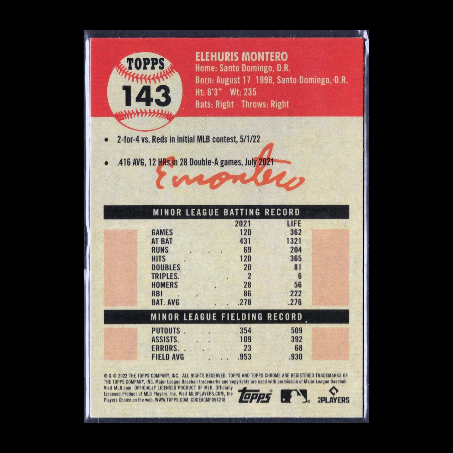 2022 Topps Chrome Platinum Anniversary ELEHURIS MONTERO #143 RC