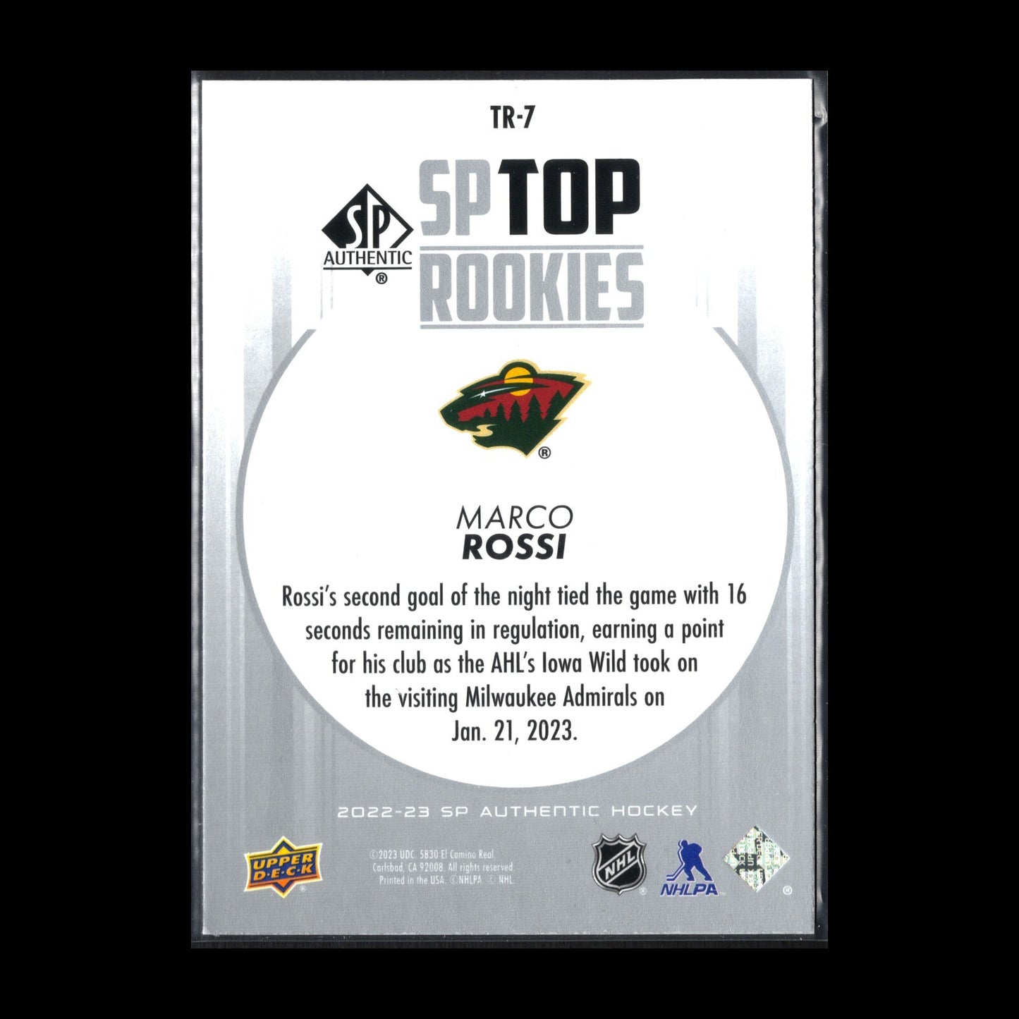 2022-23 UD SP Authentic MARCO ROSSI #TR-7 Top Rookies RC - Minnesota Wild