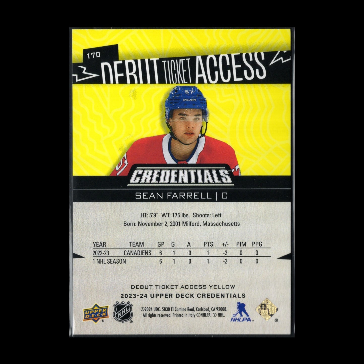 2023-24 UD Credentials SEAN FARRELL #170 Debut Ticket Access Yellow RC