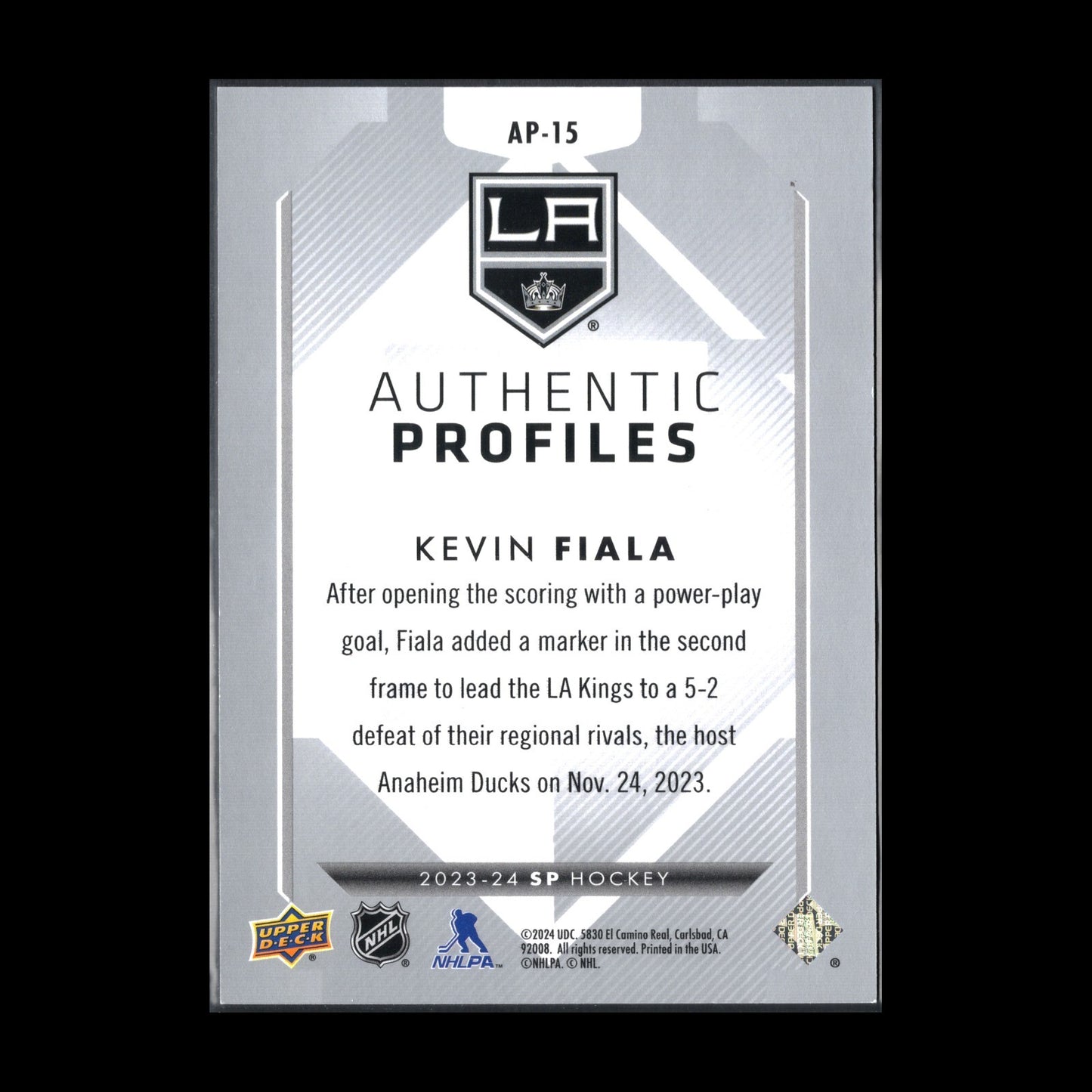 2023-24 UD SP Authentic KEVIN FIALA #AP-15 Authentic Profiles 1001/1299