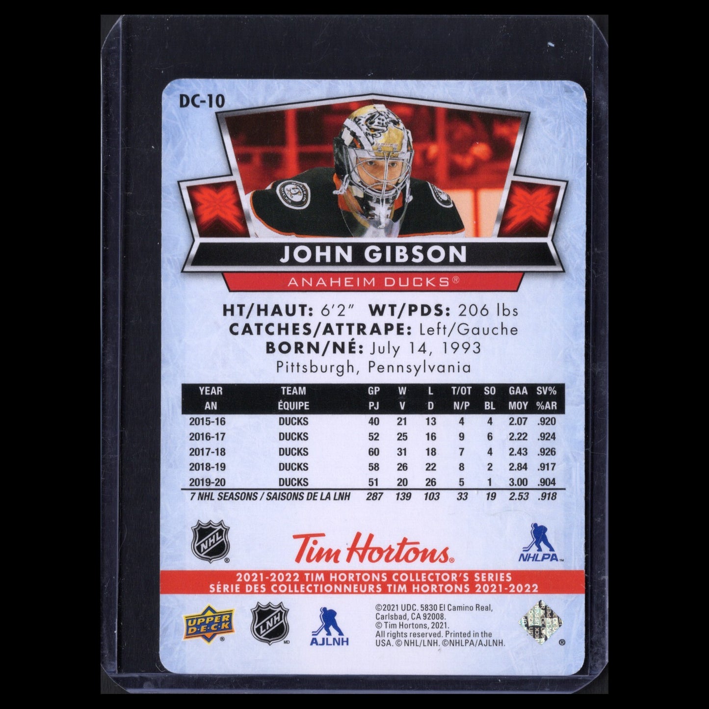 2021-22 UD Tim Hortons JOHN GIBSON #DC-10 Red Die-Cut - Anaheim Ducks