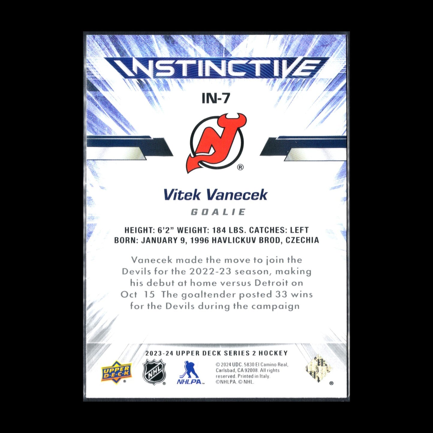 2023-24 UD Series 2 VITEK VANECEK #IN-7 Instinctive - New Jersey Devils
