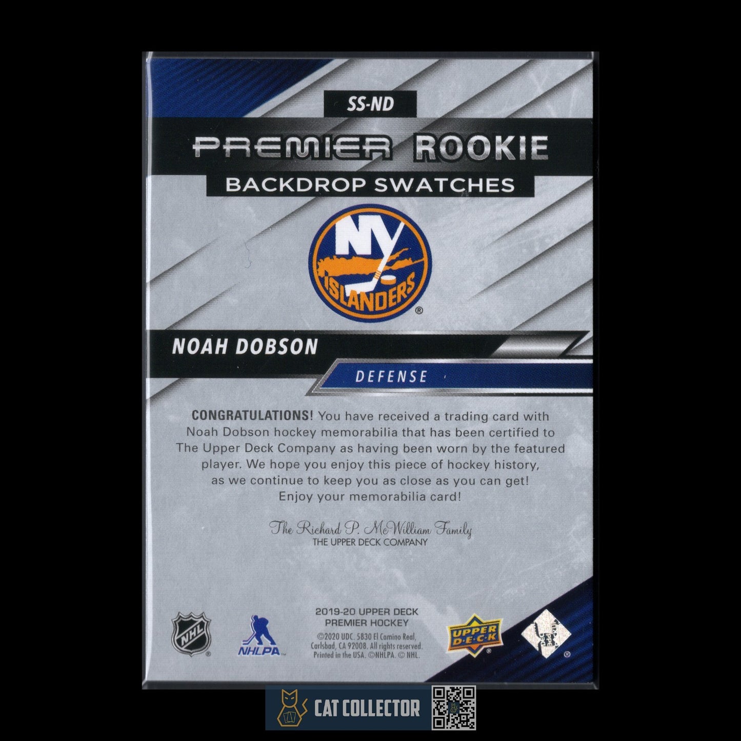 2019-20 UD Premier NOAH DOBSON #SS-ND Rookie Backdrop Swatches RC /99 Jersey