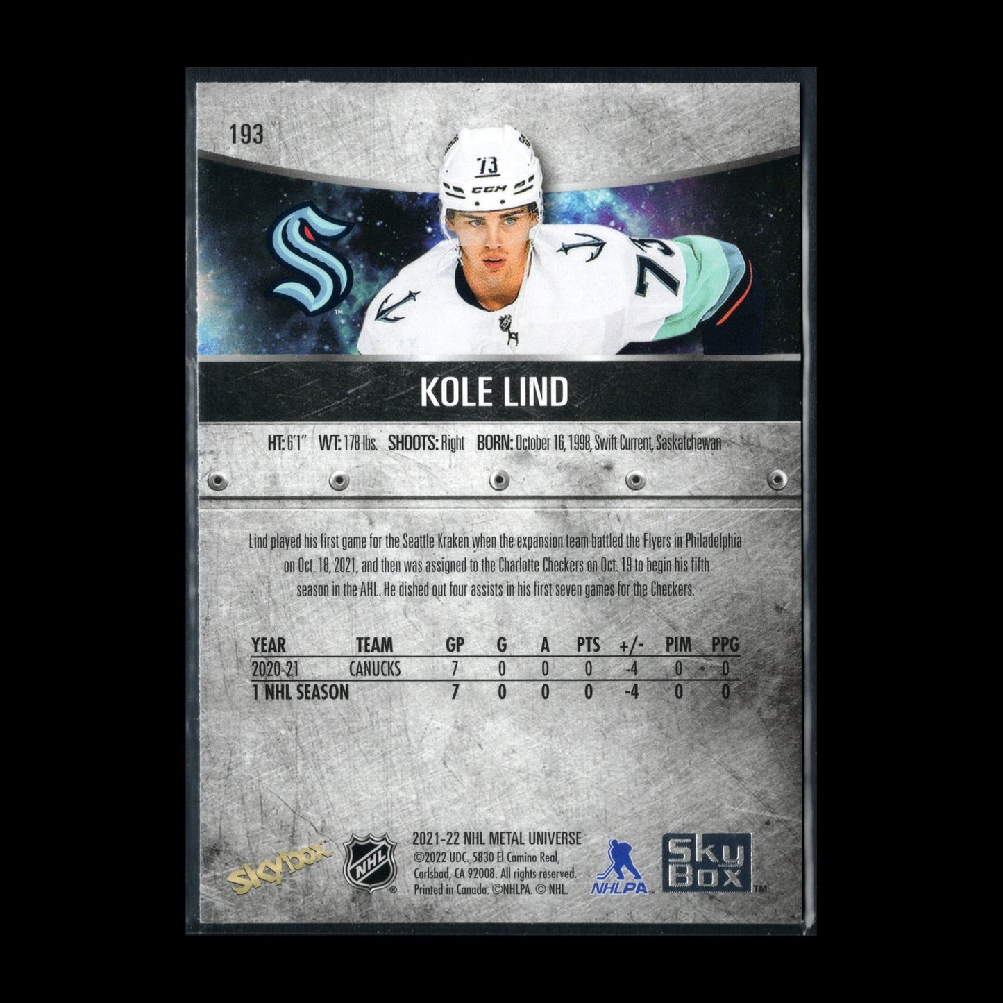 2021-22 SkyBox Metal Universe KOLE LIND #193 Rookie RC - Seattle Kraken