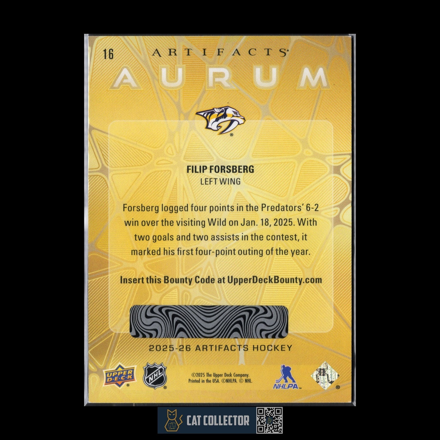 2025-26 UD Artifacts FILIP FORSBERG #16 Aurum Bounty UNSCRATCHED