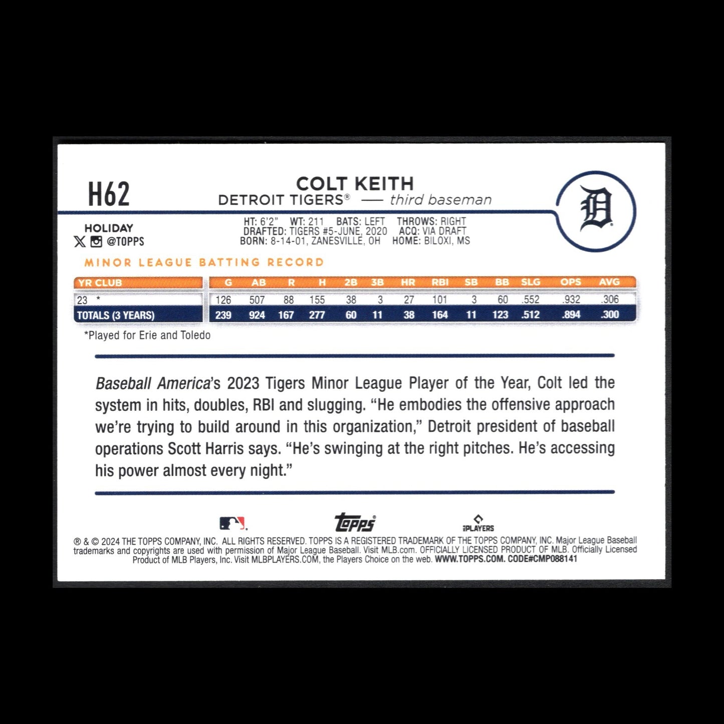 2024 Topps Holiday COLT KEITH #H62 RC - Detroit Tigers