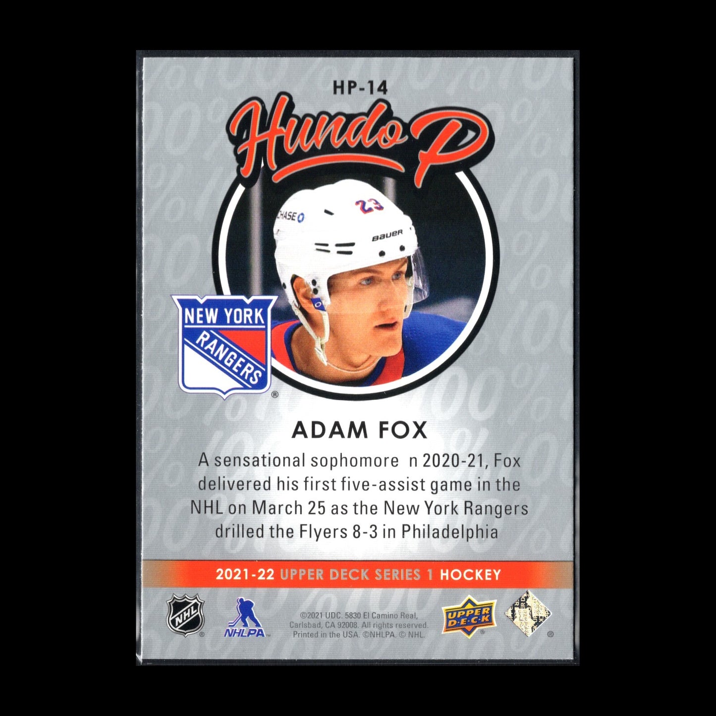 2021-22 UD Series 1 ADAM FOX #HP-14 Hundo P - New York Rangers