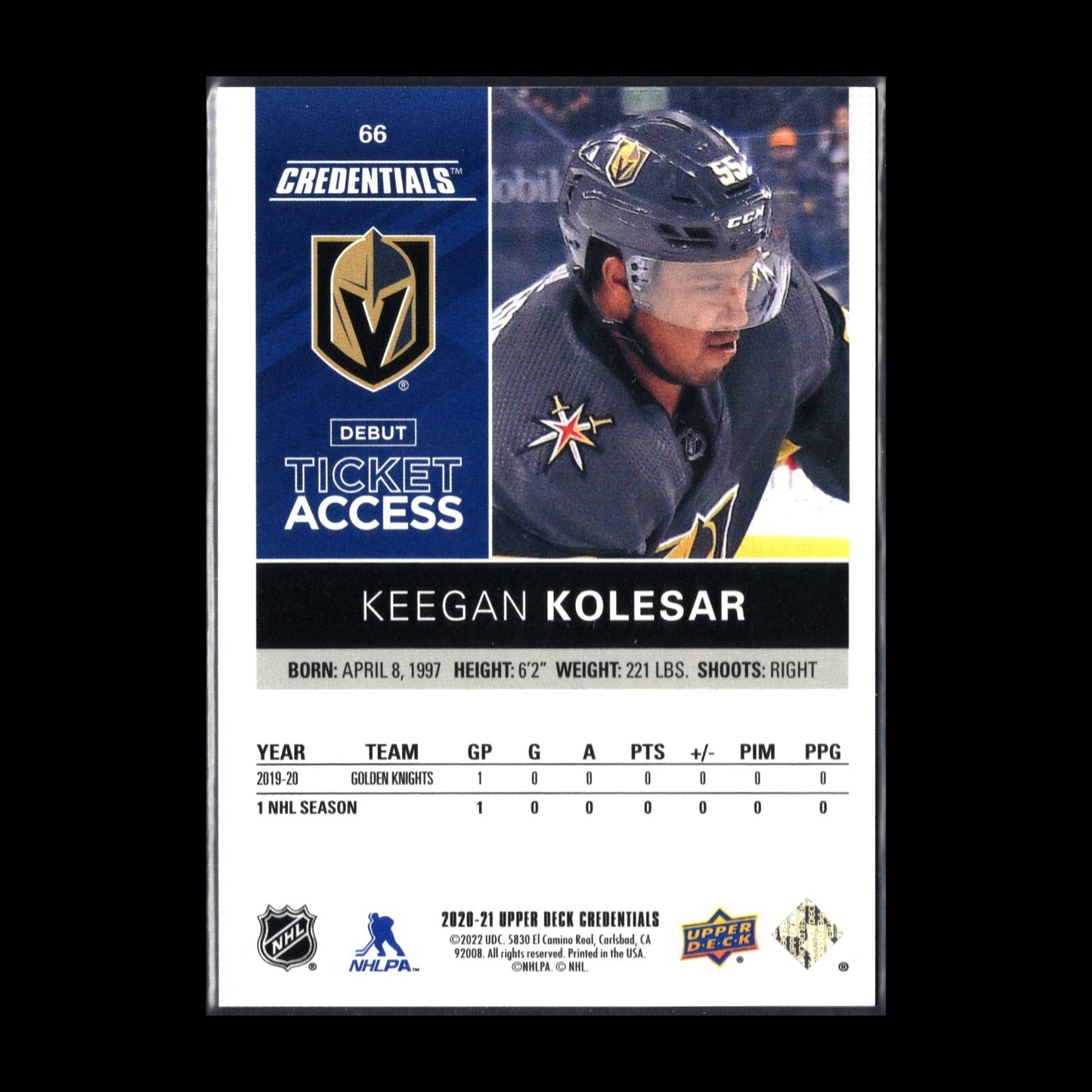 2020-21 UD Credentials KEEGAN KOLESAR #66 Debut Ticket Access RC 549/999