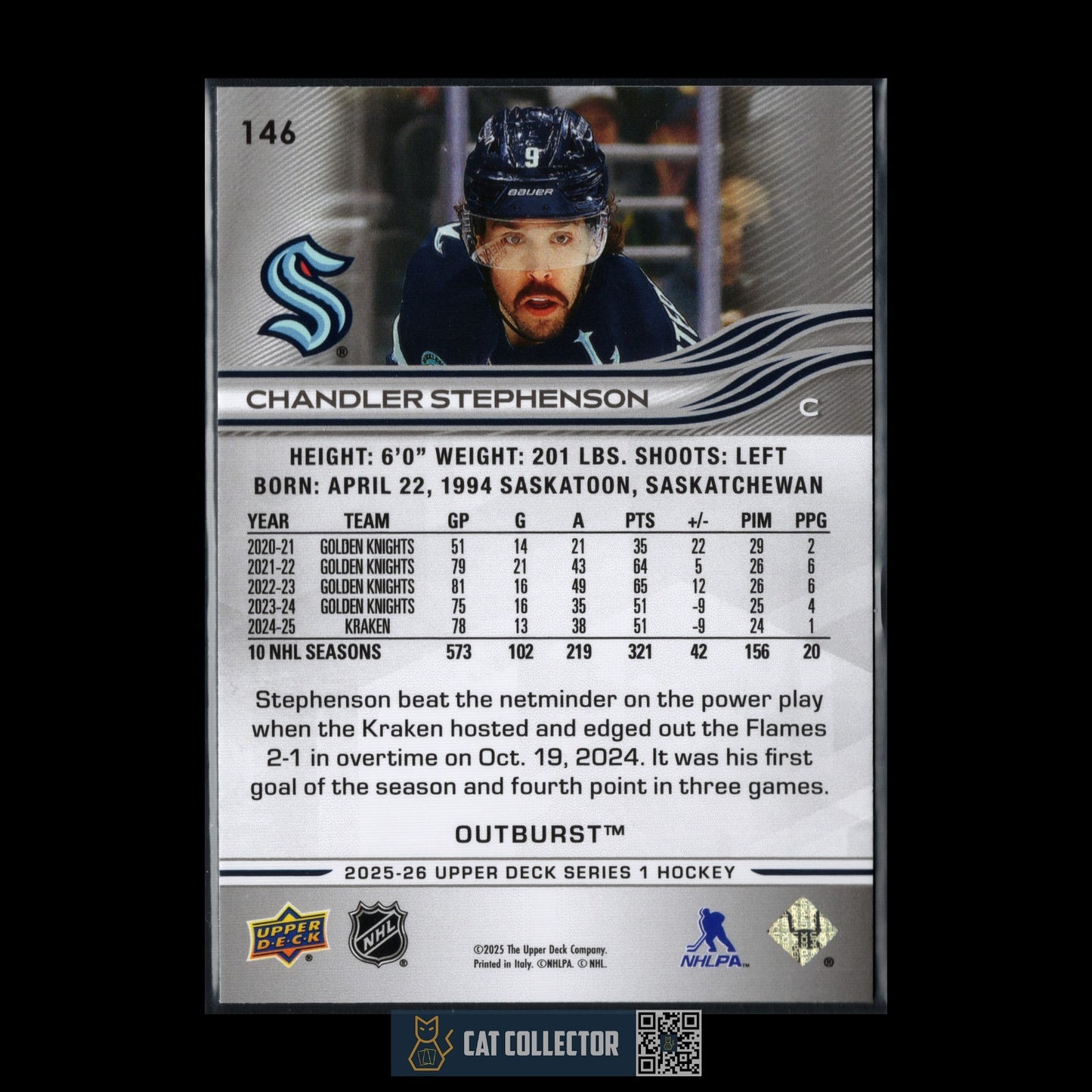 2025-26 UD Series 1 CHANDLER STEPHENSON #146 Outburst - Seattle Kraken