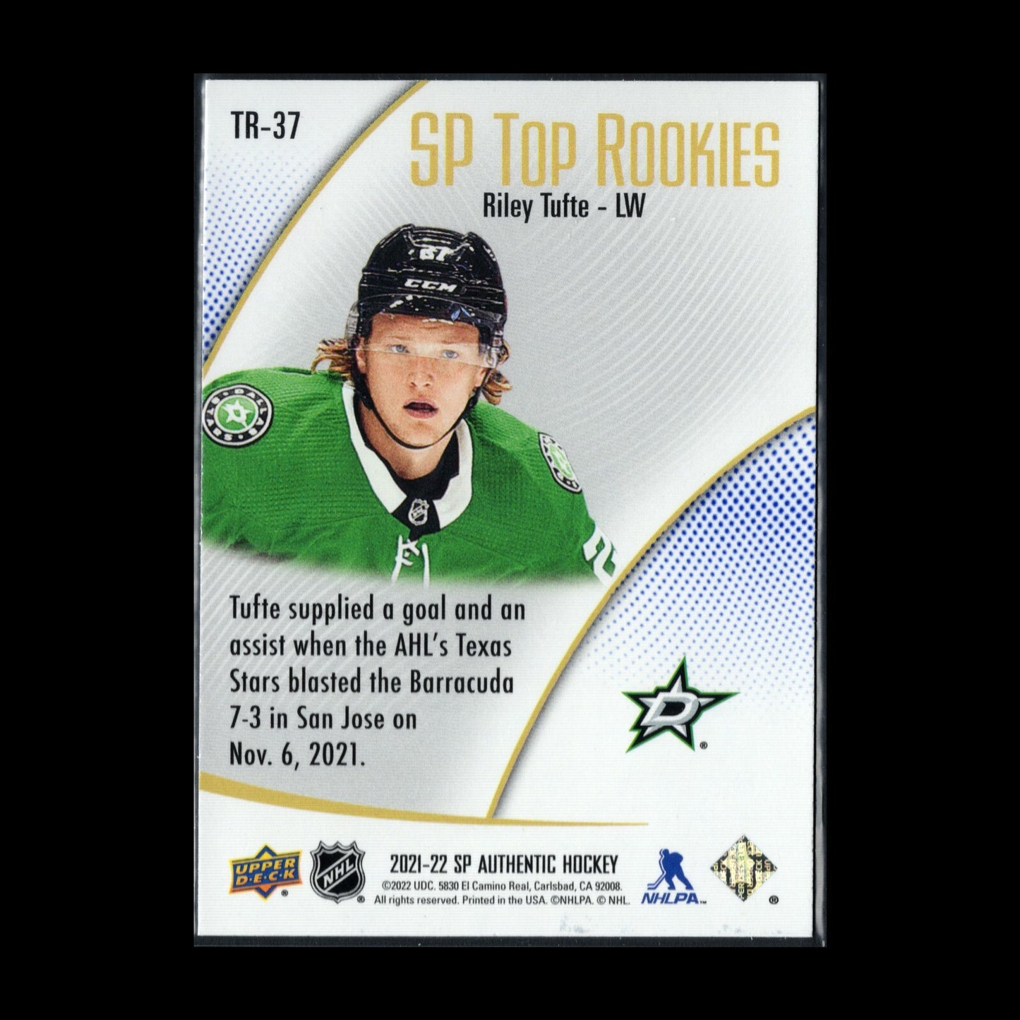 2021-22 UD SP Authentic RILEY TUFTE #TR-37 SP Top Rookies RC