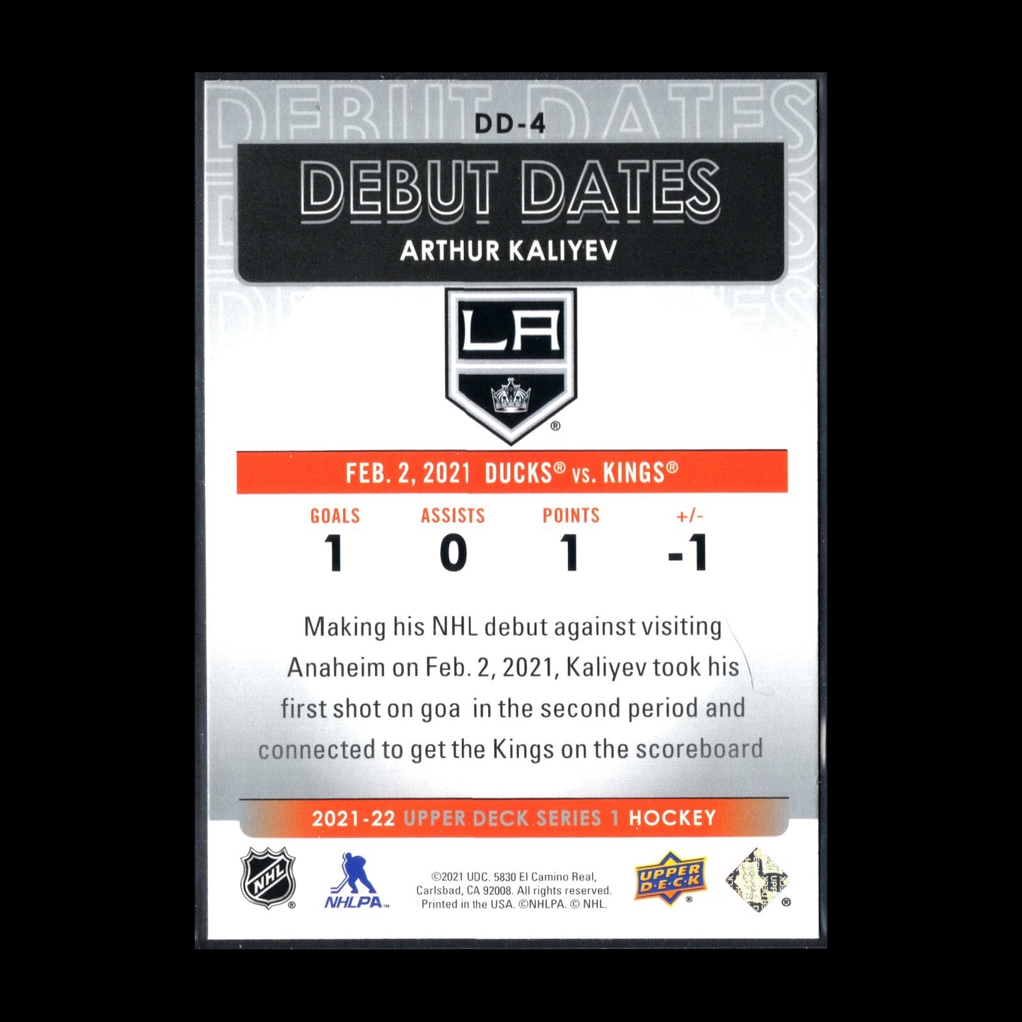 2021-22 UD Series 1 ARTHUR KALIYEV #DD-4 Debut Dates RC - Los Angeles Kings