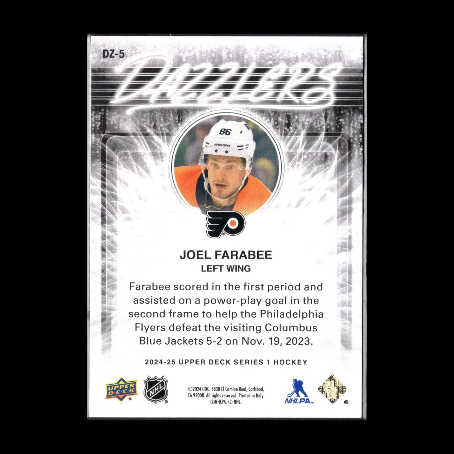 2024-25 UD Series 1 JOEL FARABEE #DZ-5 Dazzlers Blue - Philadelphia Flyers