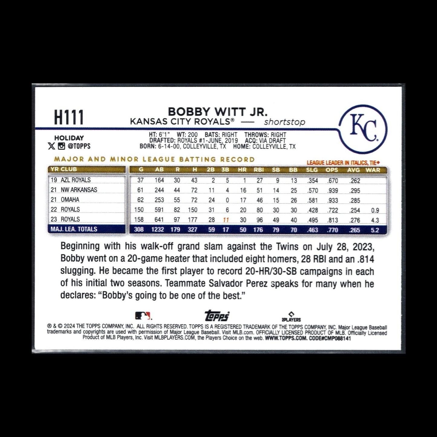 2024 Topps Holiday BOBBY WITT JR. #H111 Holiday Tree - Kansas City Royals