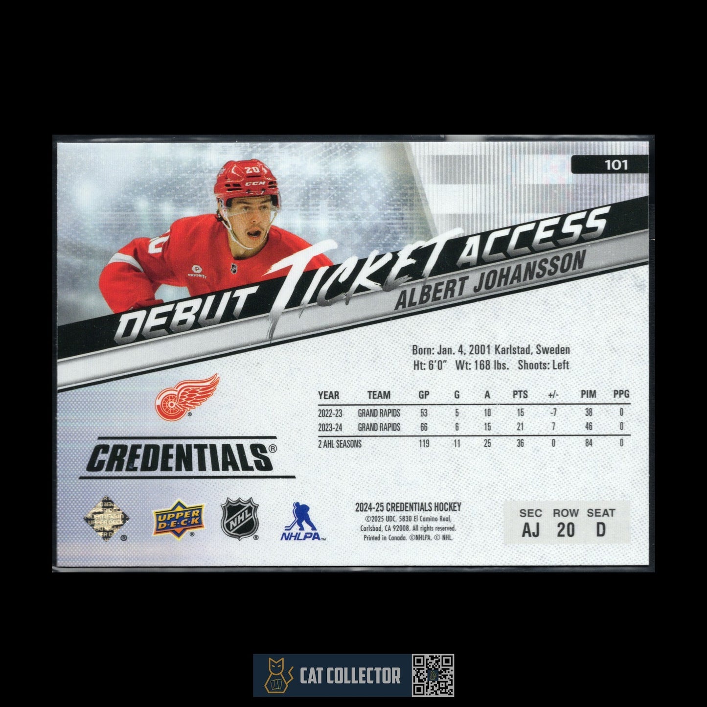 2024-25 UD Credentials ALBERT JOHANSSON #101 Debut Ticket Access Horizontal RC