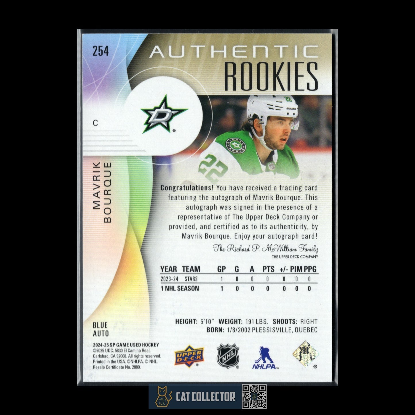 2024-25 UD SP Game Used MAVRIK BOURQUE #254 Blue AUTO Rookie RC - Dallas Stars