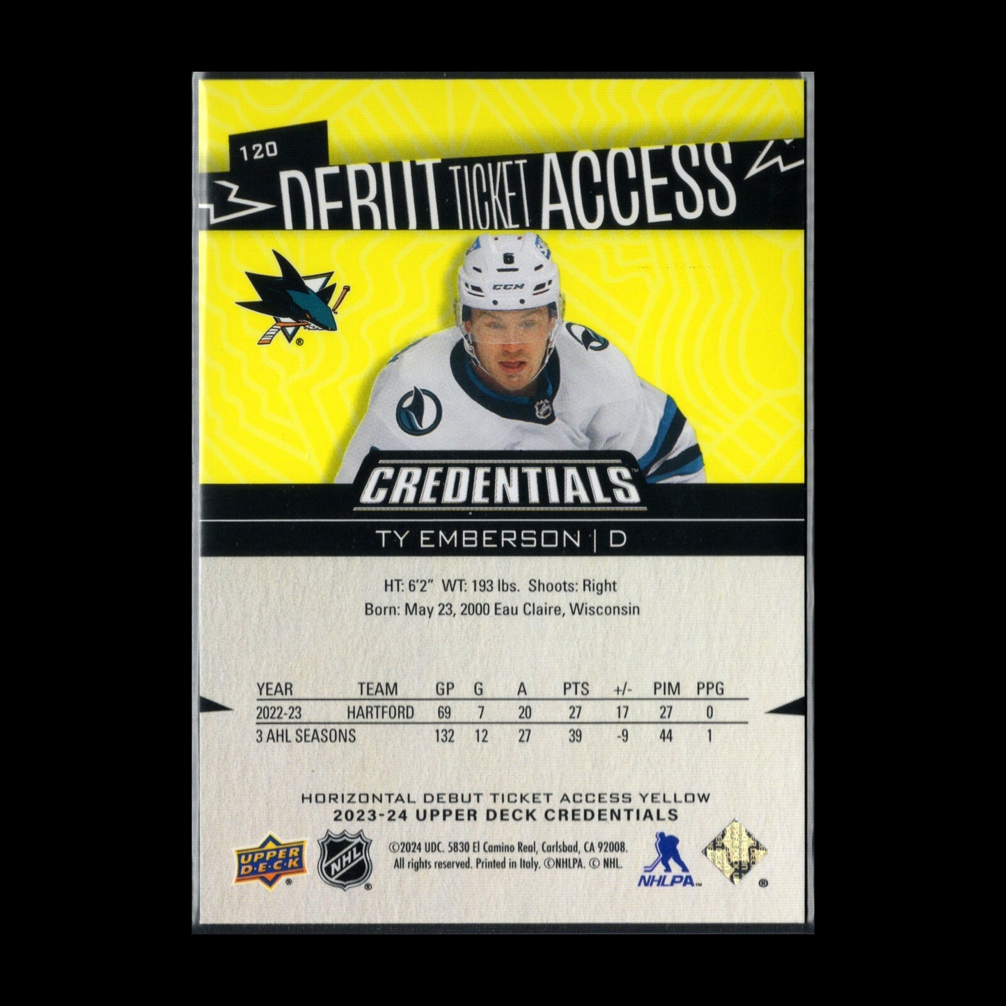 2023-24 UD Credentials TY EMBERSON #120 Horizontal Debut Ticket Access Yellow RC