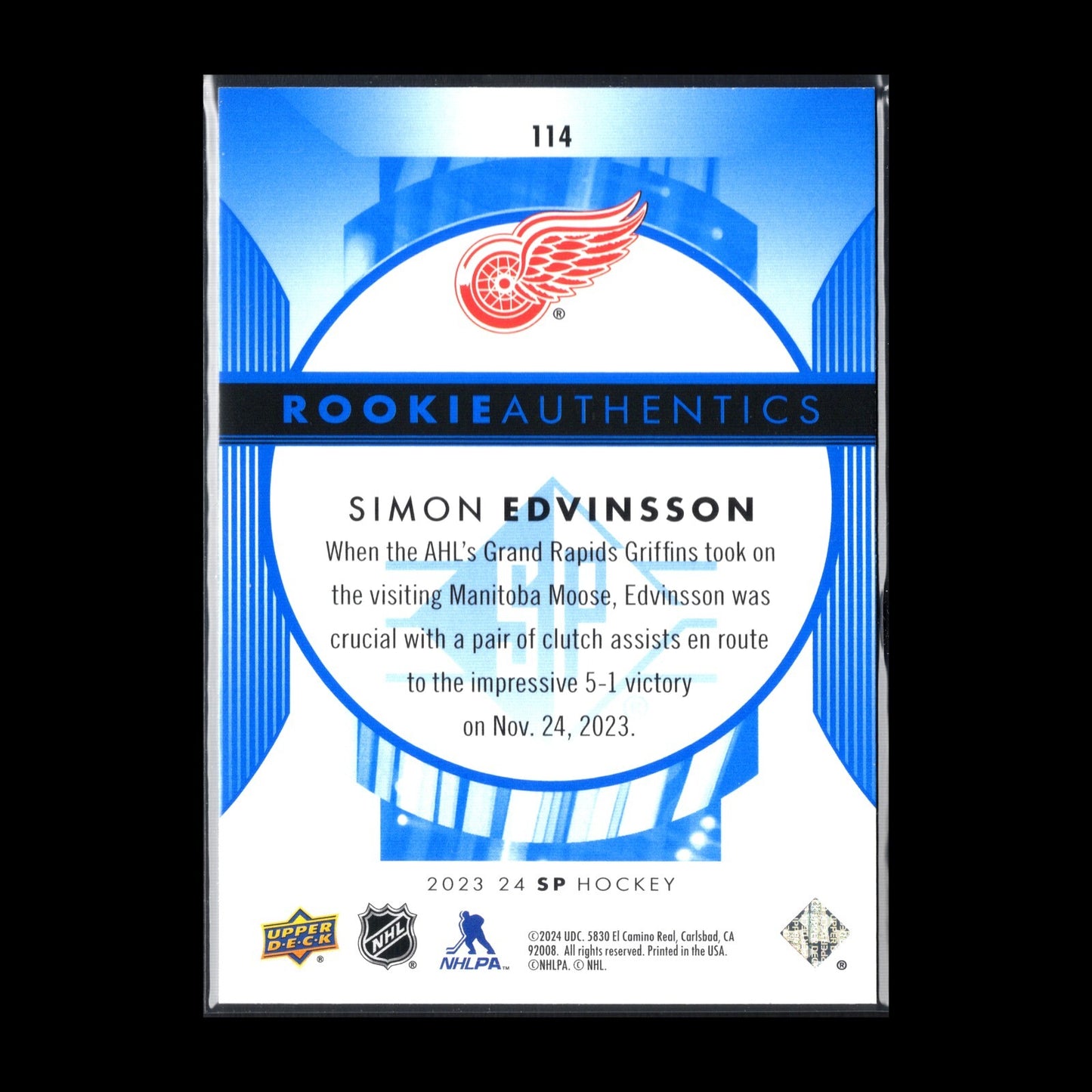 2023-24 UD SP Authentic SIMON EDVINSSON #114 Rookie Authentics Detroit Red Wings