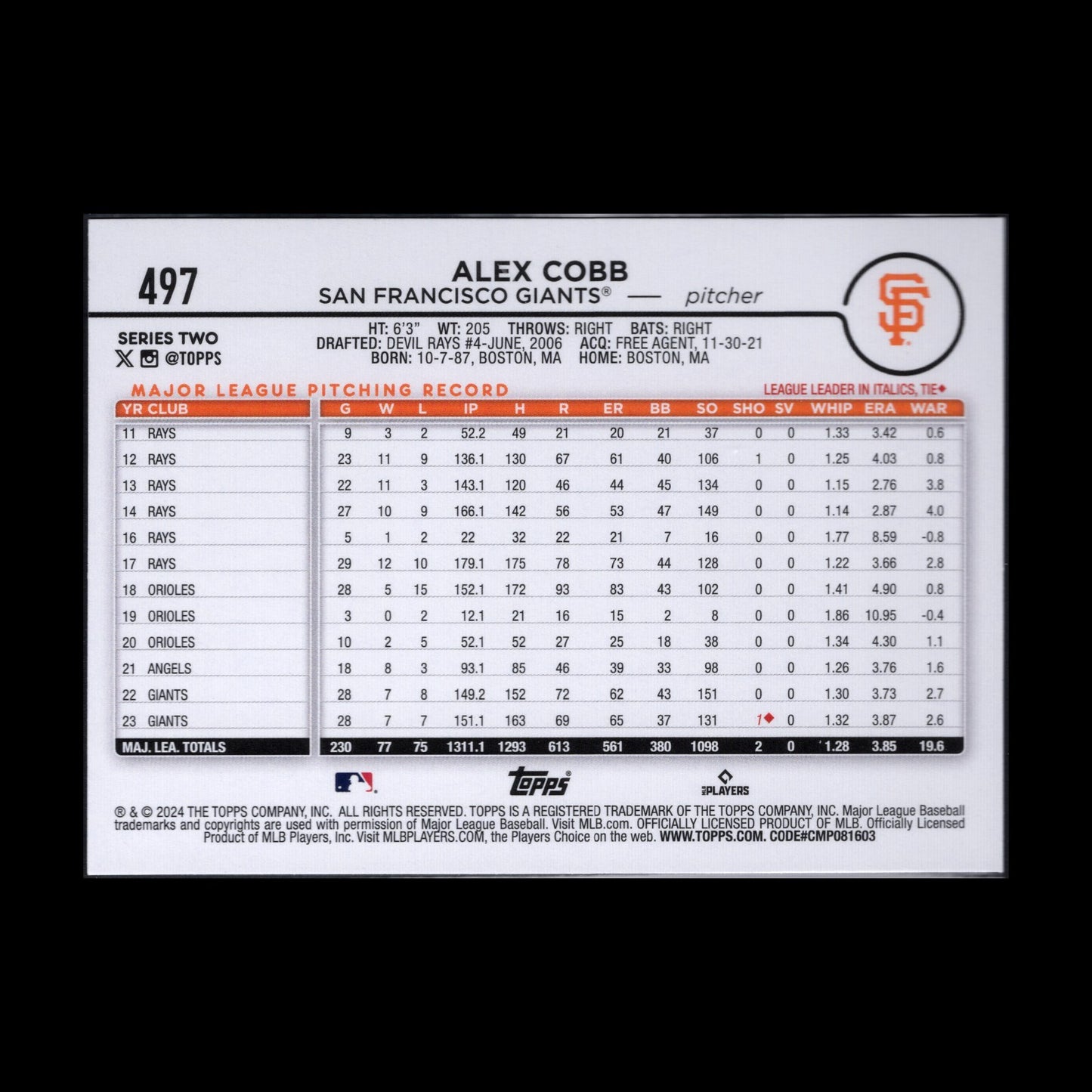 2024 Topps Series 2 ALEX COBB #497 Holiday Parallel - San Francisco Giants