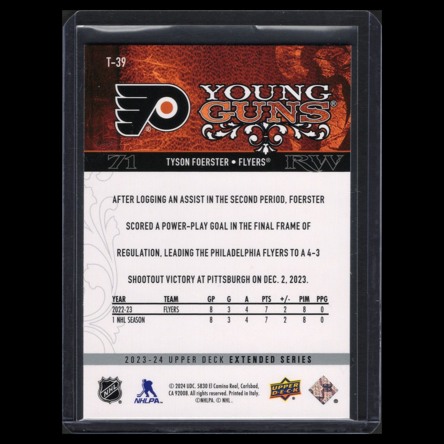 2023-24 UD Extended series TYSON FOERSTER #T-39 Young guns Retro RC