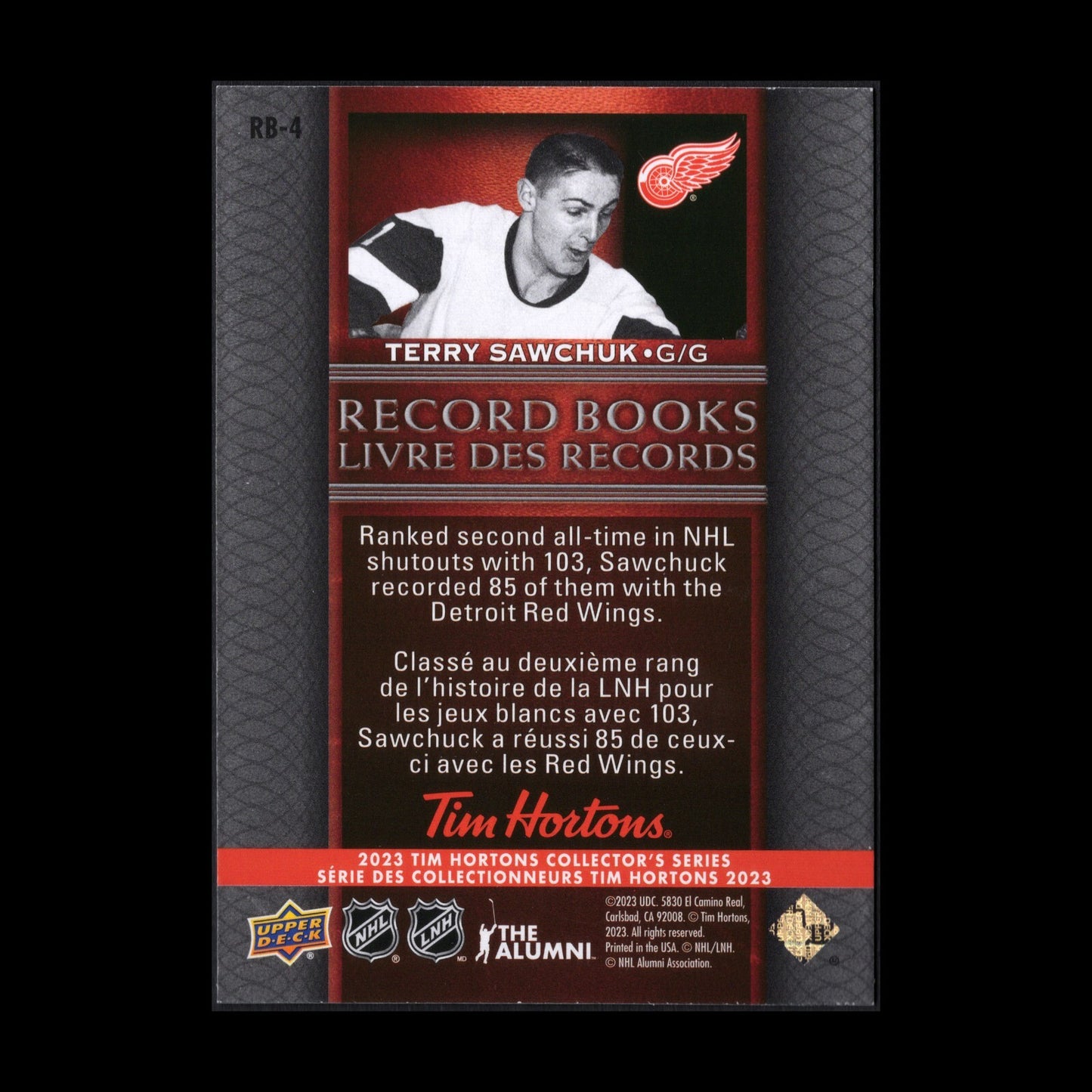 2023 UD Tim Hortons TERRY SAWCHUK #RB-4 Record Books - Detroit Red Wings