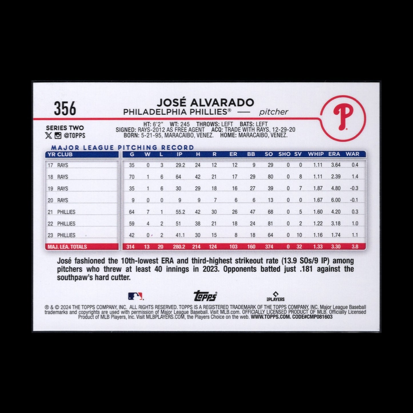 2024 Topps Series 2 JOSE ALVARADO #356 Holiday Parallel - Philadelphia Phillies