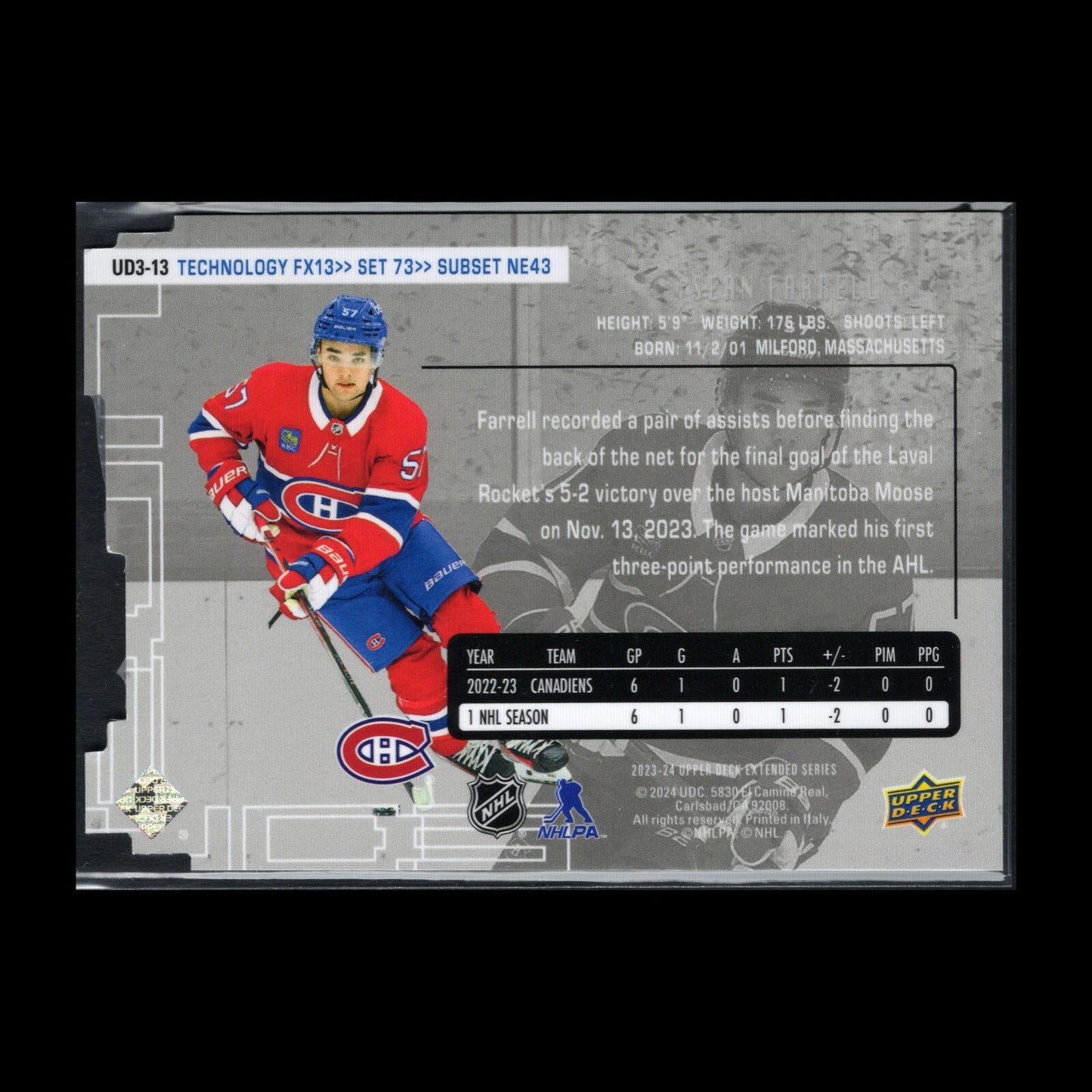 2024-25 UD Extended Series SEAN FARRELL #UD3-13 Die-cut 1998-99 UD3 Rookie RC