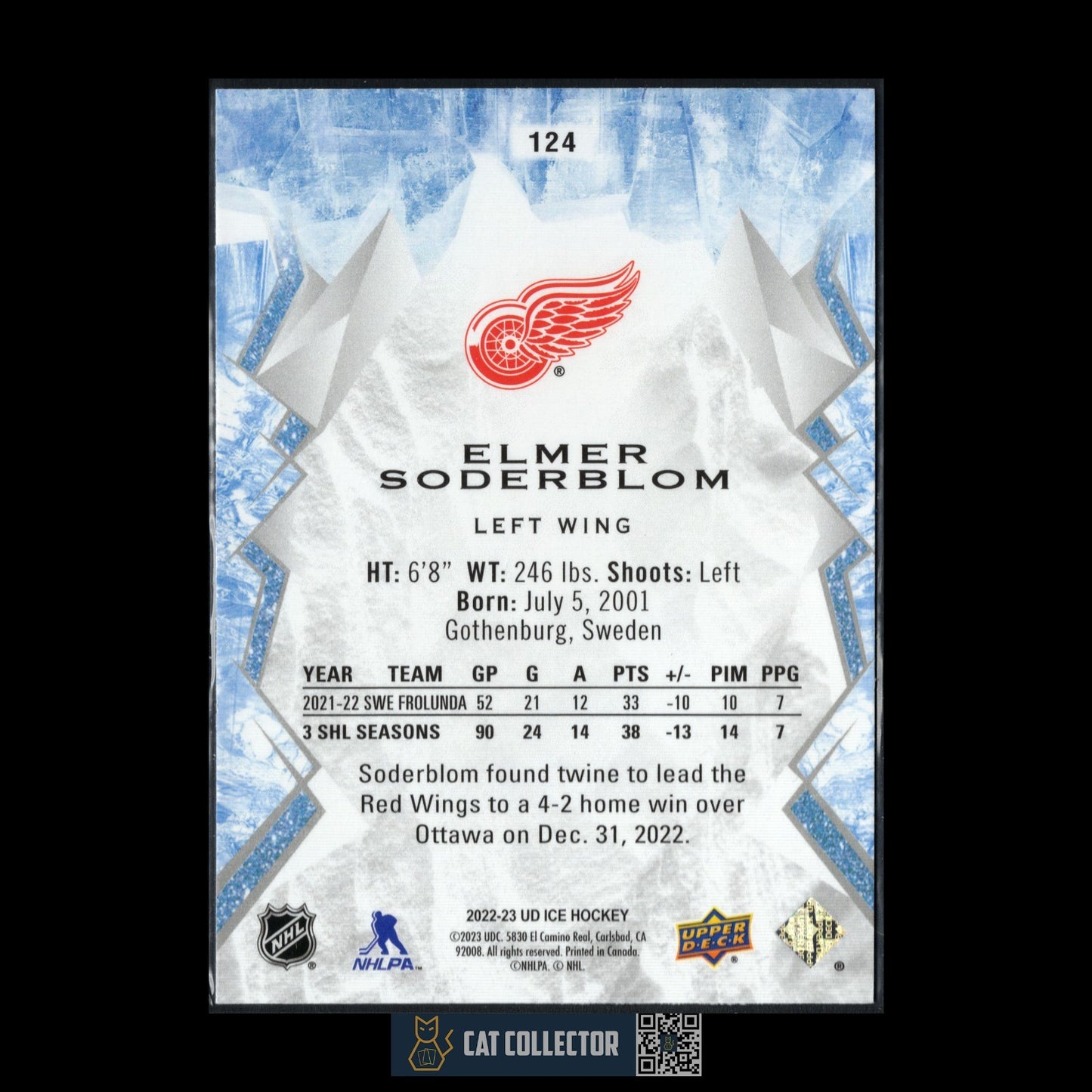 2022-23 UD Ice ELMER SODERBLOM #124 Rookie RC - Detroit Red Wings