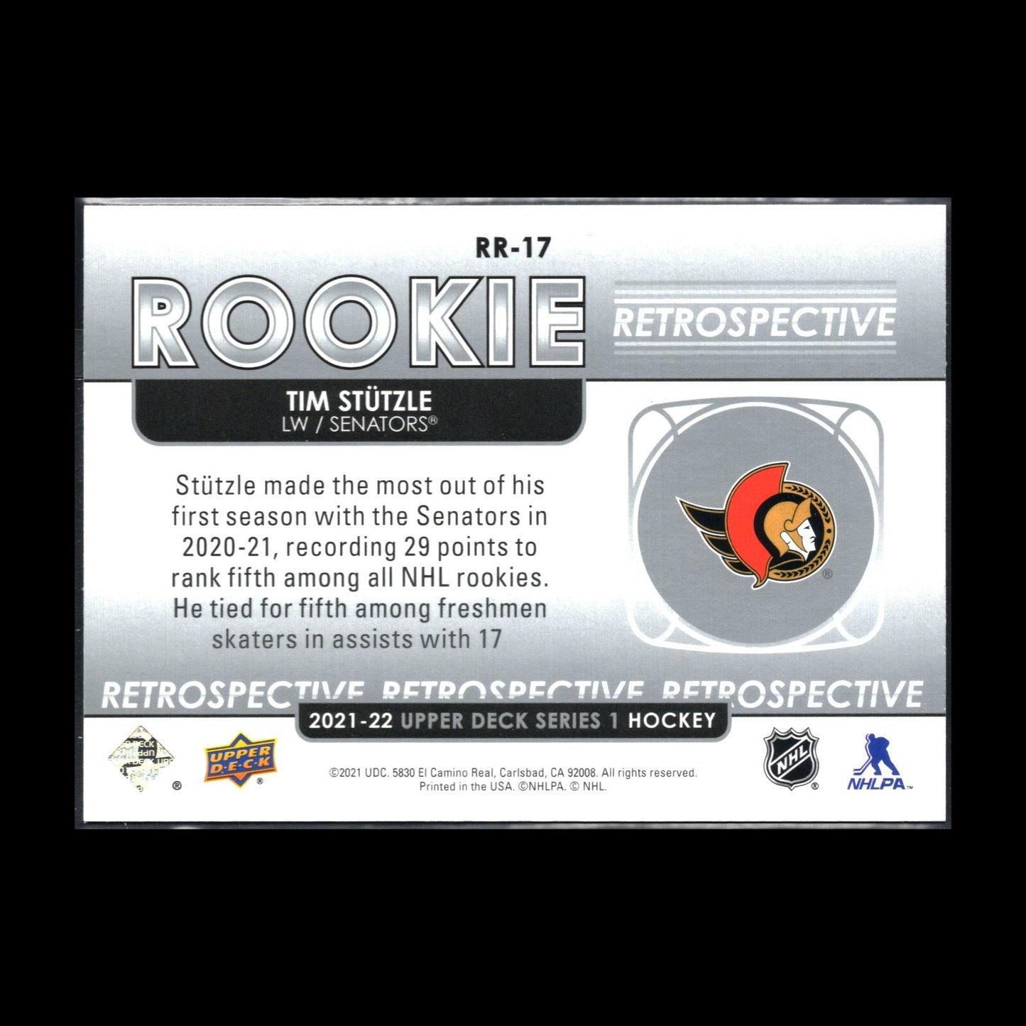 2021-22 UD Series 1 TIM STUTZLE #RR-17 Rookie Retrospective RC - Ottawa Senators