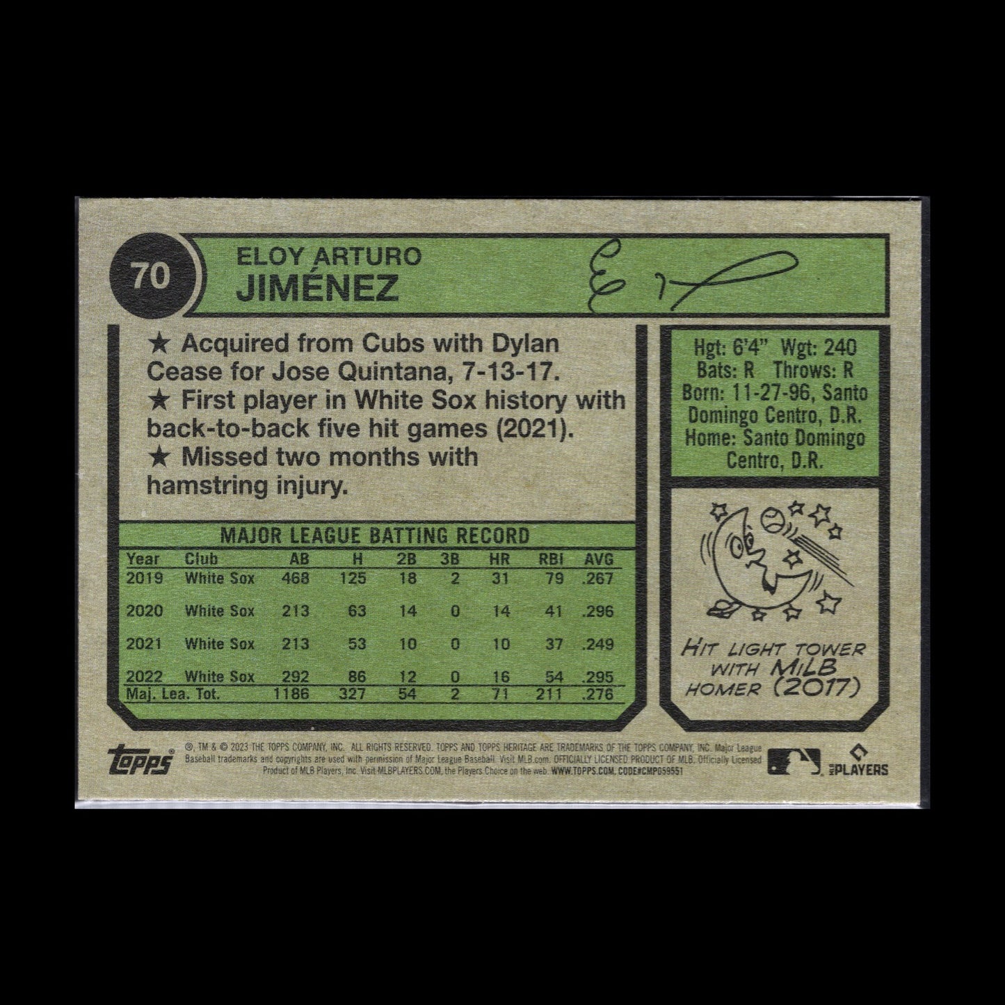 2023 Topps Heritage ELOY JIMENEZ #70 Chrome Purple Refractor - Chicago White Sox