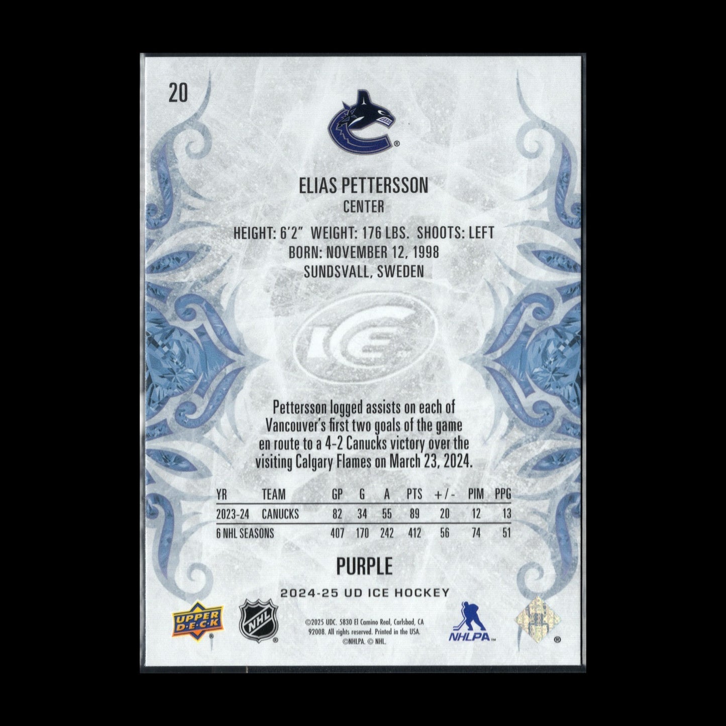 2024-25 UD Ice ELIAS PETTERSON #20 Purple parallel - Vancouver Canucks