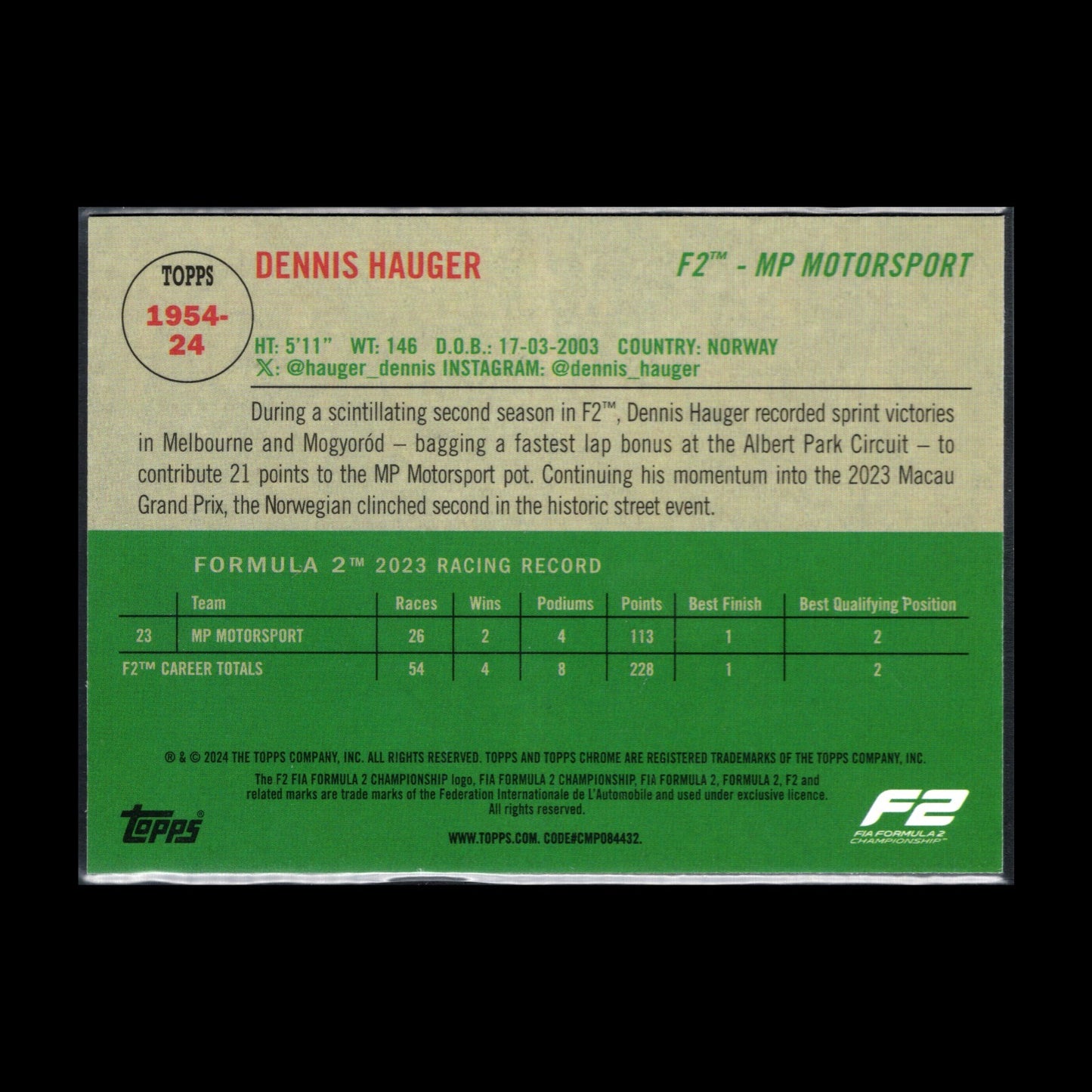 2024 Topps Chrome Formula 1 DENNIS HAUGER #1954-24 F2 1954 Topps Retro