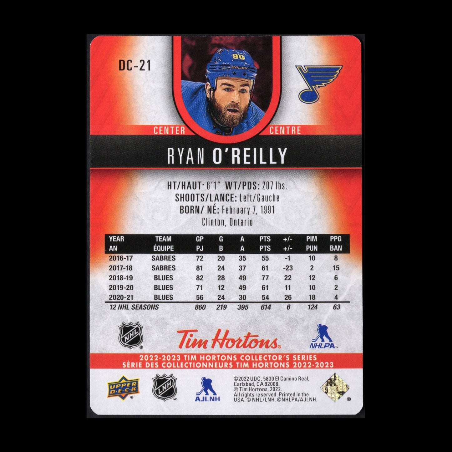 2022-23 UD Tim Hortons RYAN O'REILLY #DC-21 Red Die-Cut