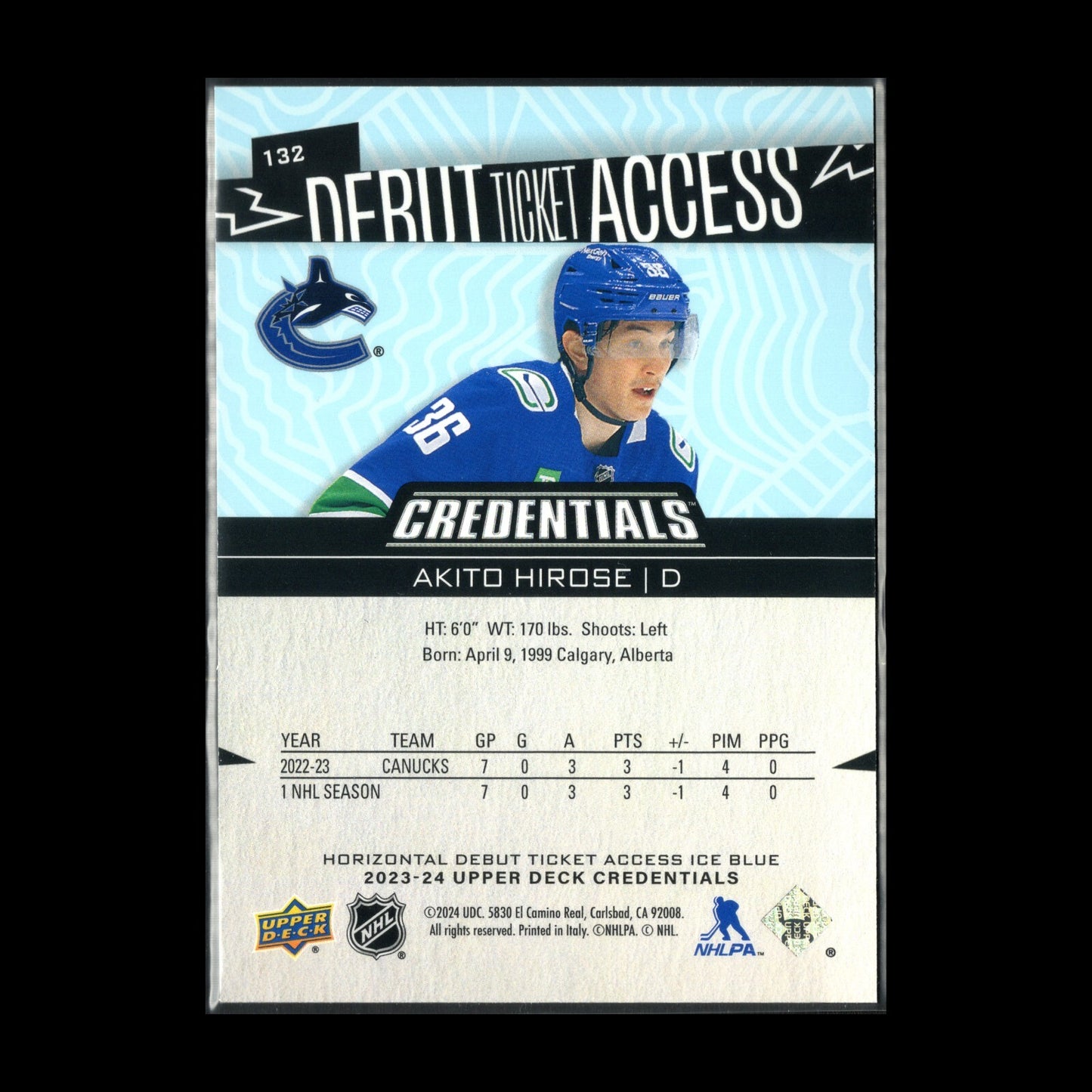 2023-24 UD Credentials AKITO HIROSE #132 Debut Ticket Access Ice Blue 344/799