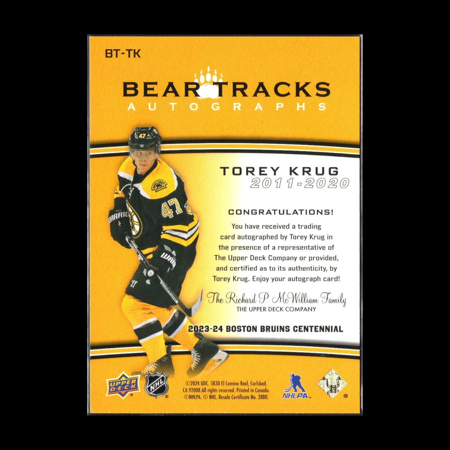 2023-24 UD Boston Bruins Centennial TOREY KRUG #BT-TK Bear Tracks Autograph