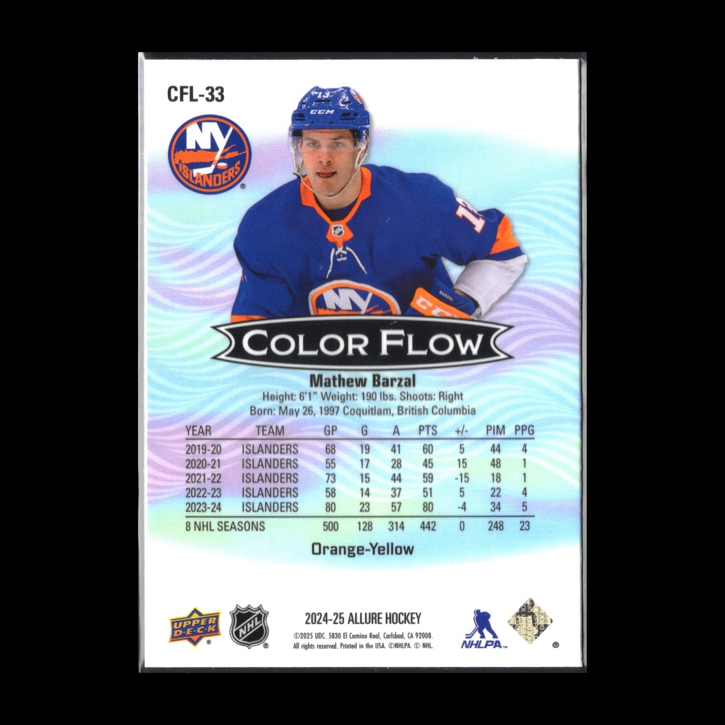 2024-25 UD Allure MATHEW BARZAL #CFL-33 Color Flow Orange-Yellow - NY Islanders