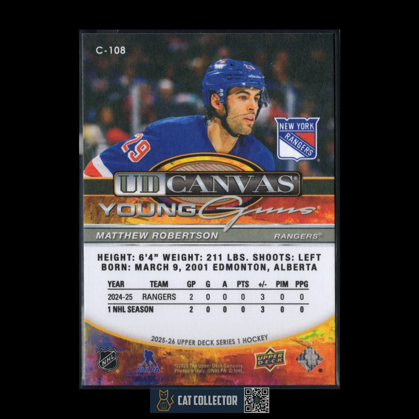 2025-26 UD Series 1 MATTHEW ROBERTSON #C-108 UD Canvas Young Guns Rookie RC