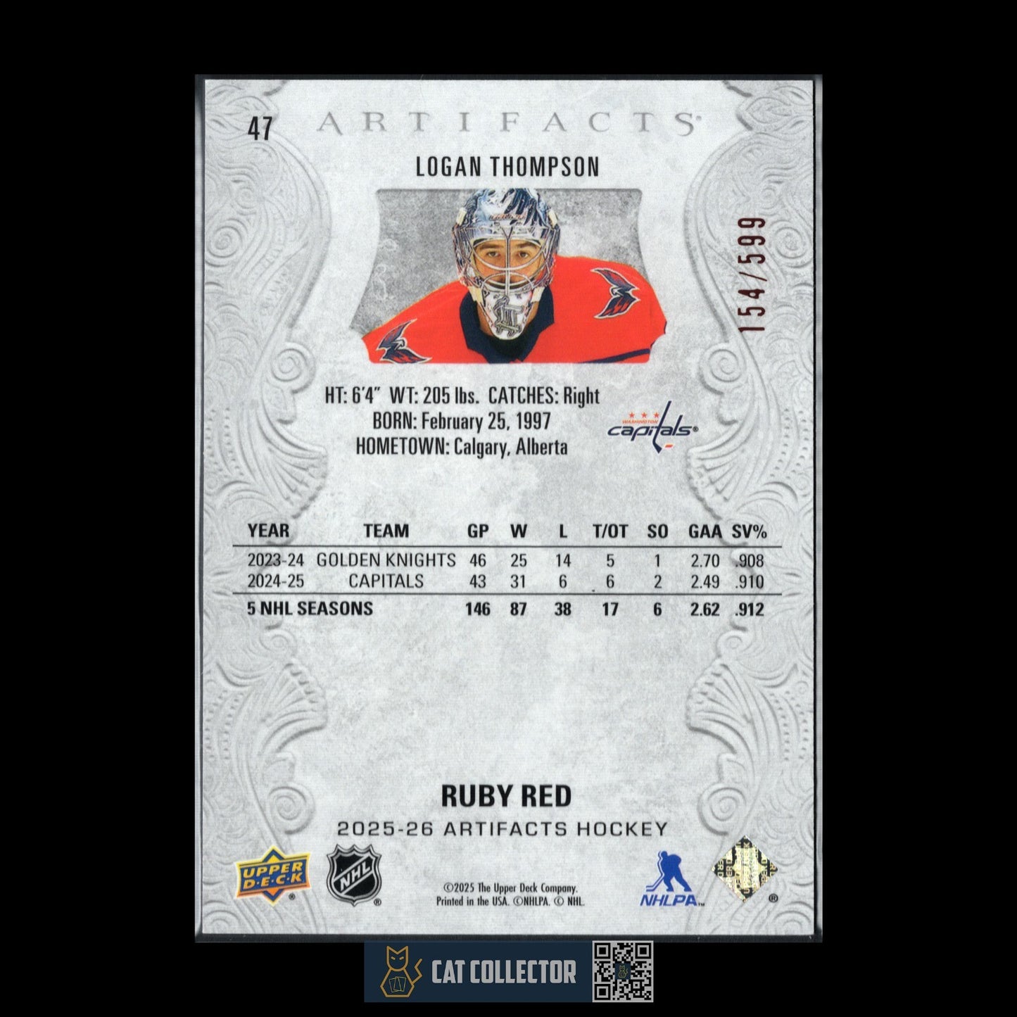 2025-26 UD Artifacts LOGAN THOMPSON #47 Ruby Red /599 - Washington Capitals