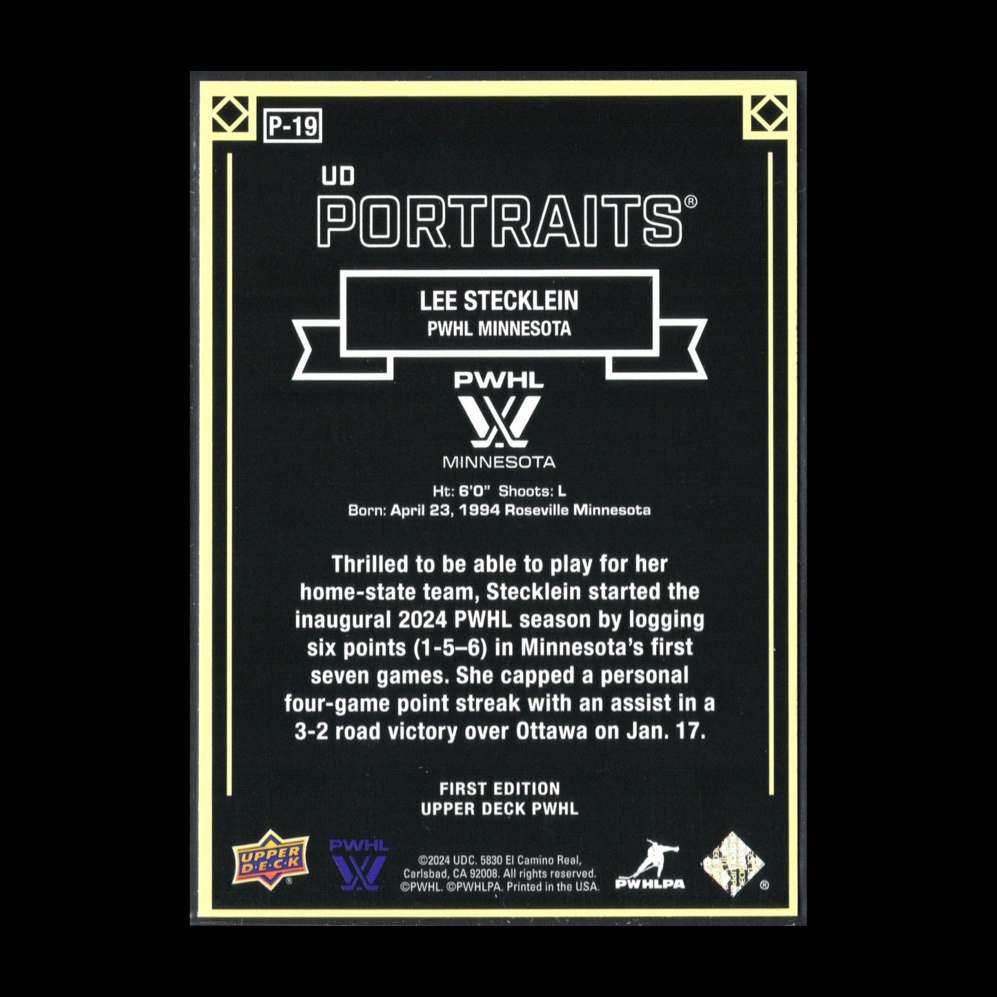 2024-25 UD PWHL LEE STECKLEIN #P-19 UD Portraits - 1st EDITION!