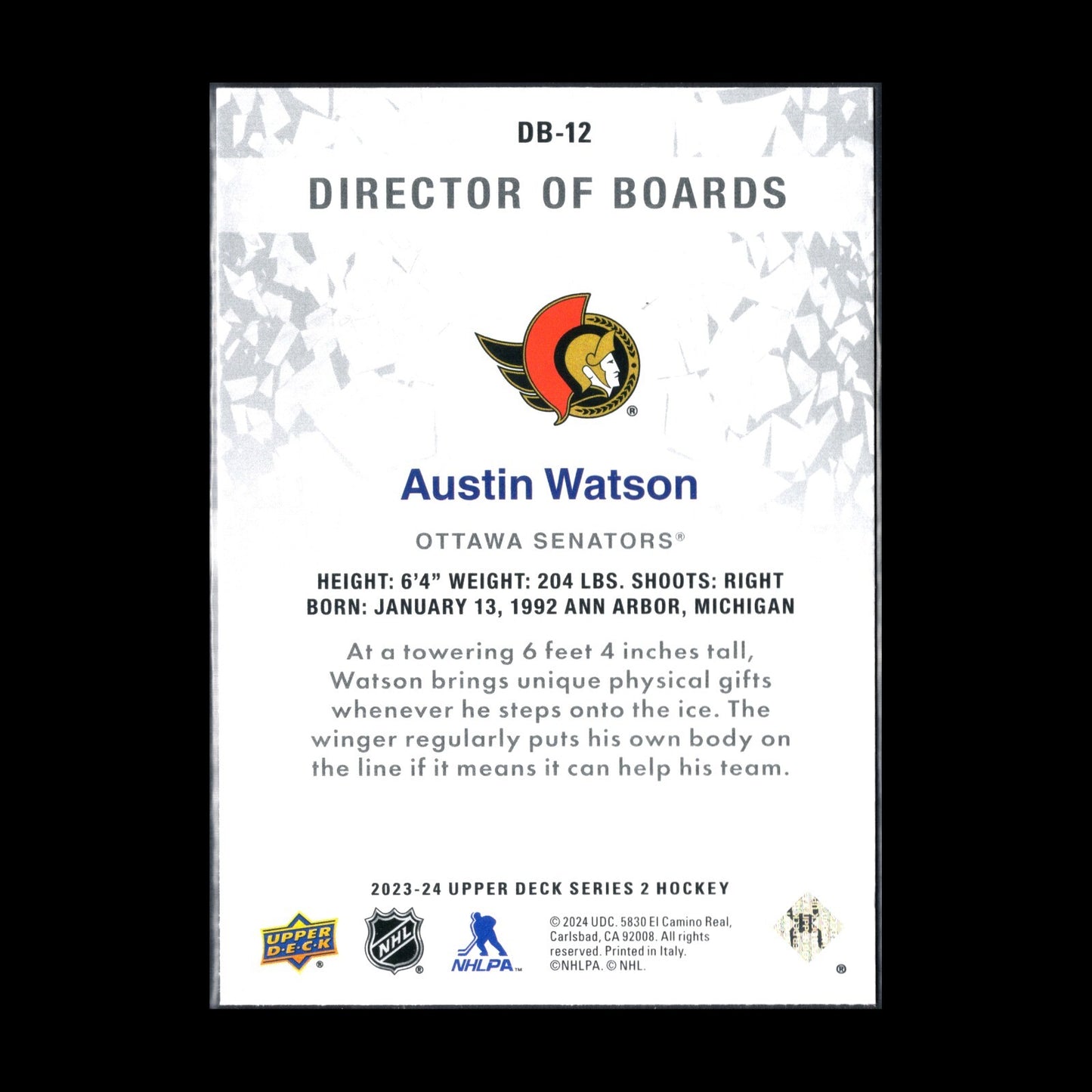 2023-24 UD Series 2 AUSTIN WATSON #DB-12 Director of boards - Ottawa Senators