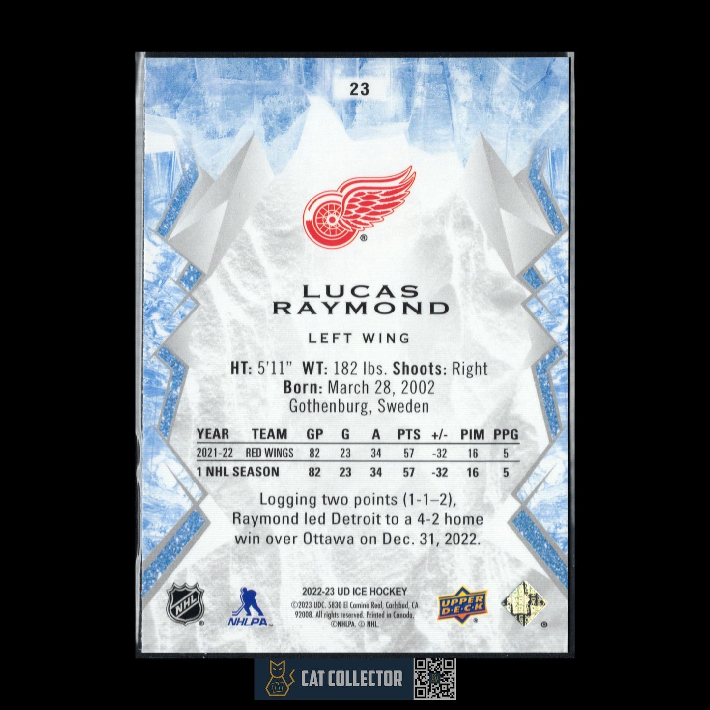 2022-23 UD Ice LUCAS RAYMOND #23 Green - Detroit Red Wings