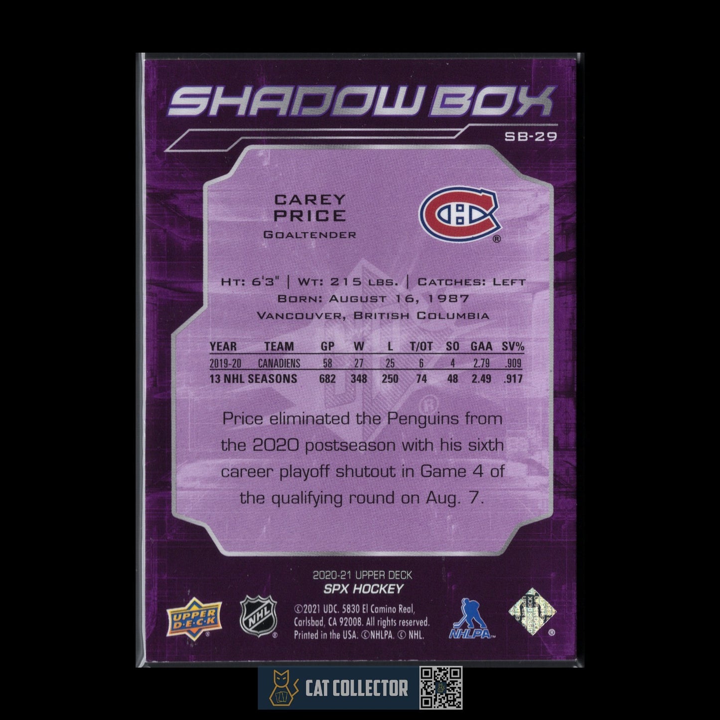 2020-21 Upper Deck SPx CAREY PRICE #SB-29 Shadow Box Montreal Canadiens
