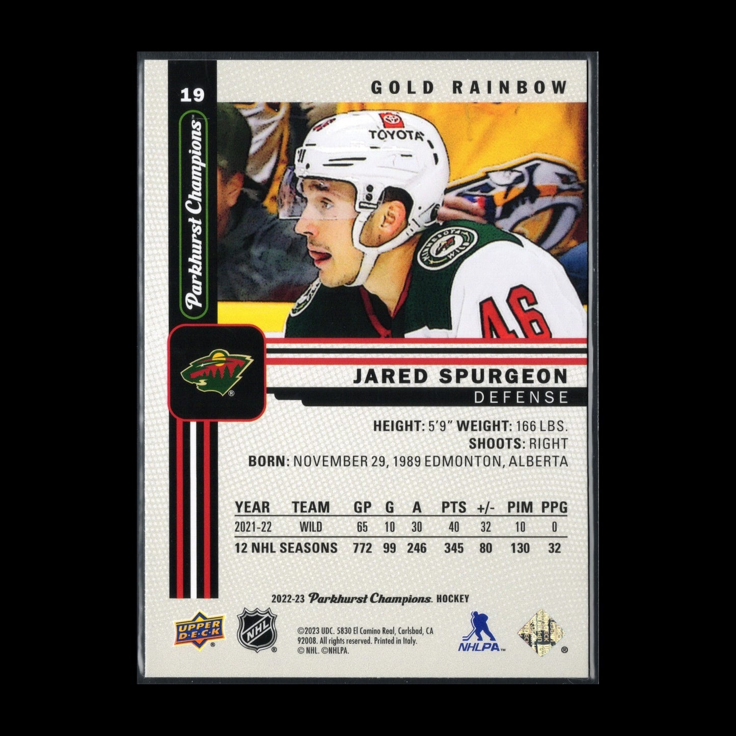 2022-23 UD Parkhurst Champions JARED SPURGEON #19 Gold Rainbow - Minnesota Wild