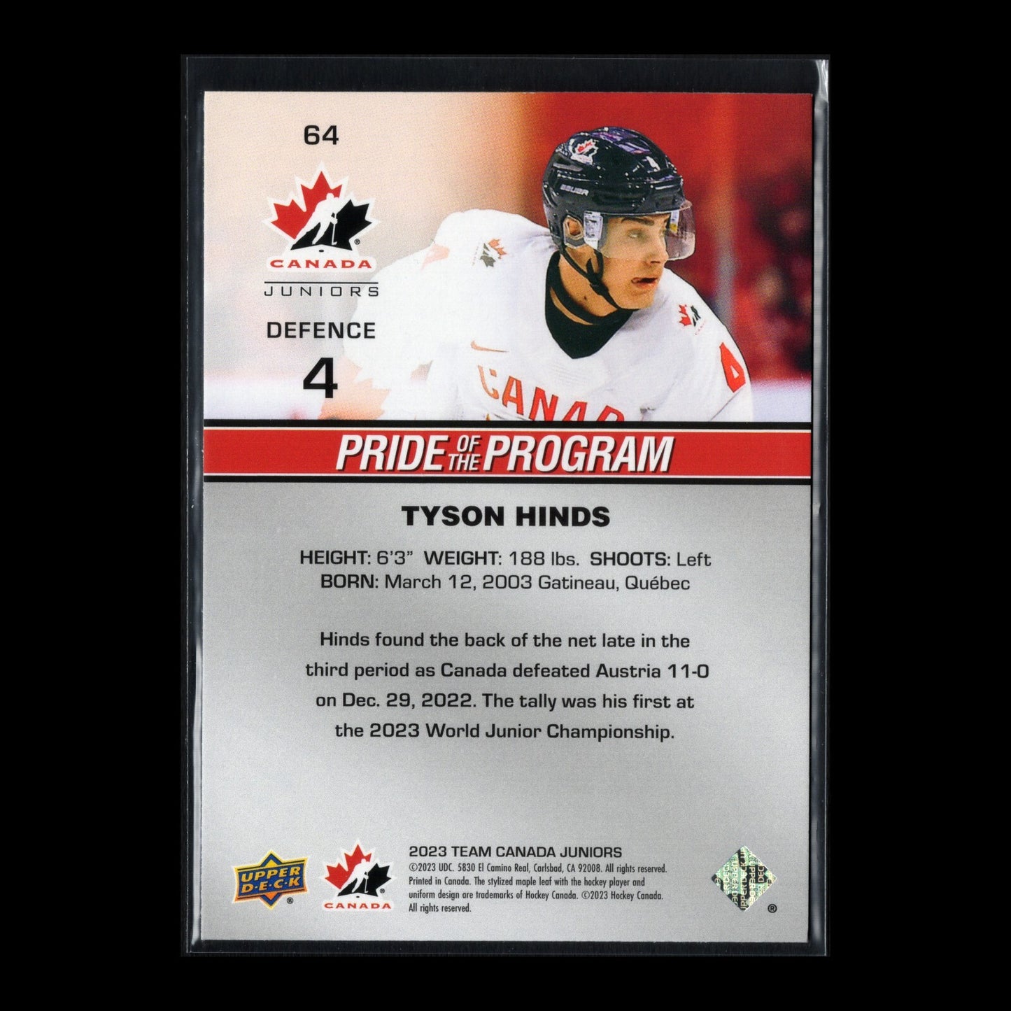 2023 Upper Deck Team Canada Juniors TYSON HINDS #64 Pride of the program Red