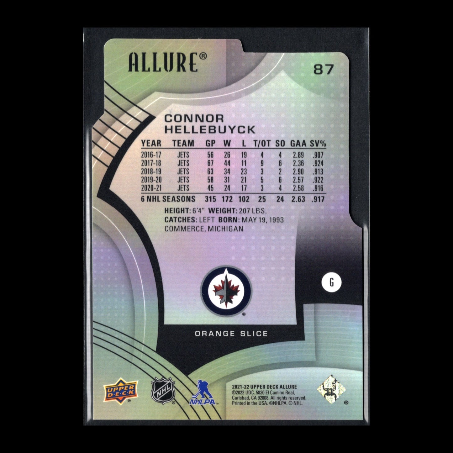2021-22 UD Allure CONNOR HELLEBUYCK #87 Orange Slice Die-Cut - Winnipeg Jets