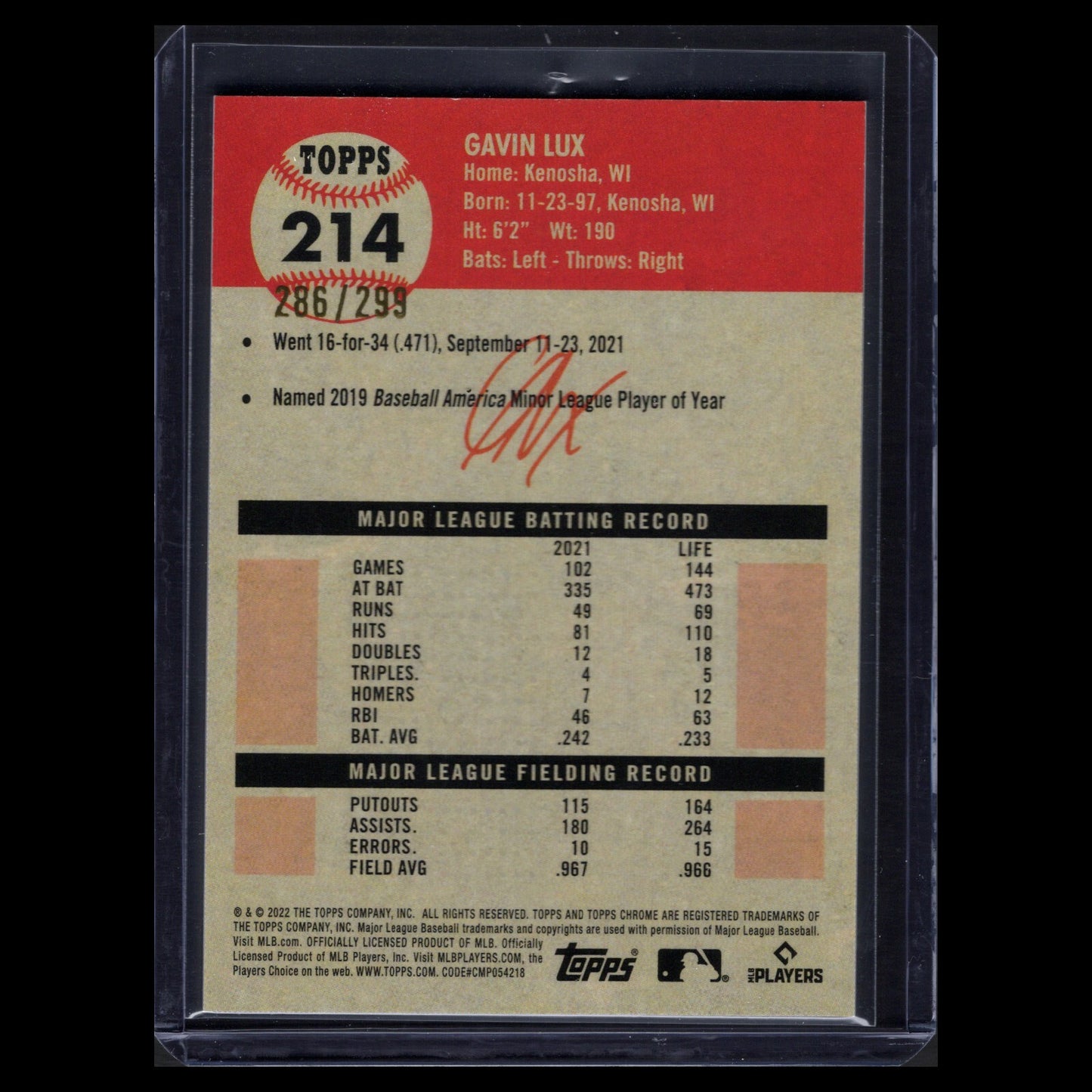 2022 Topps Chrome Platinum Anniversary GAVIN LUX #214 Aqua Lava Refractor /299