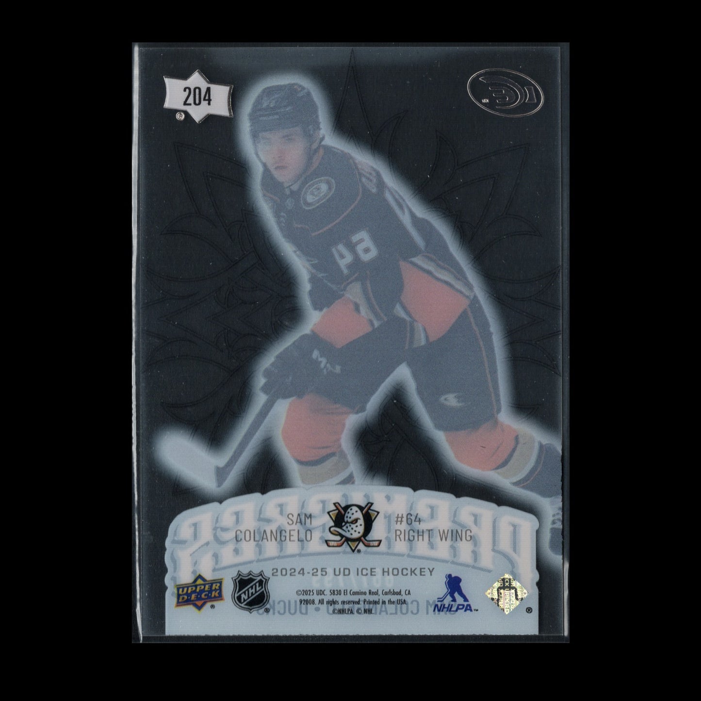 2024-25 UD Ice SAM COLANGELO #204 Premieres Rookie RC /799 - Anaheim Ducks
