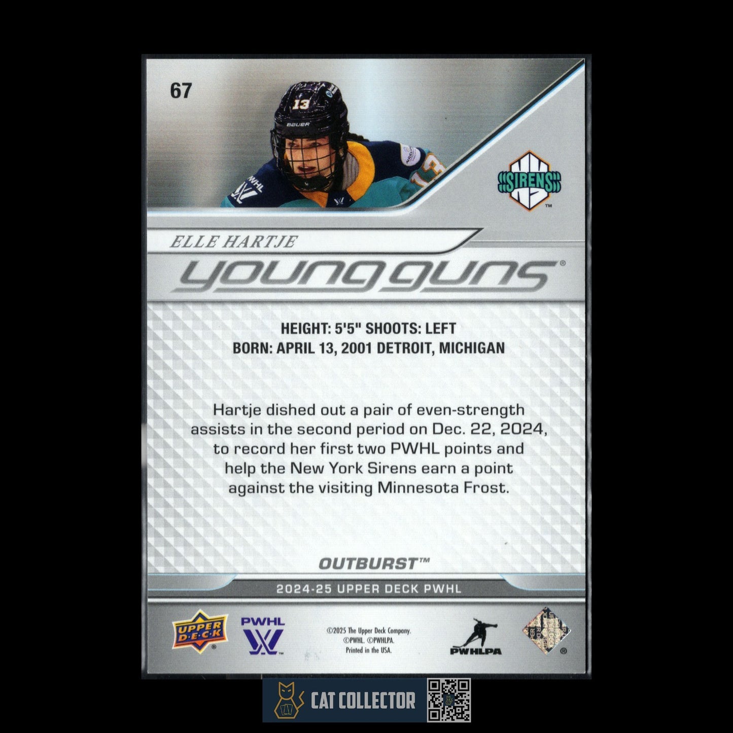 2024-25 UD PWHL ELLE HARTJE #67 Young Guns Outburst Rookie - New York Sirens