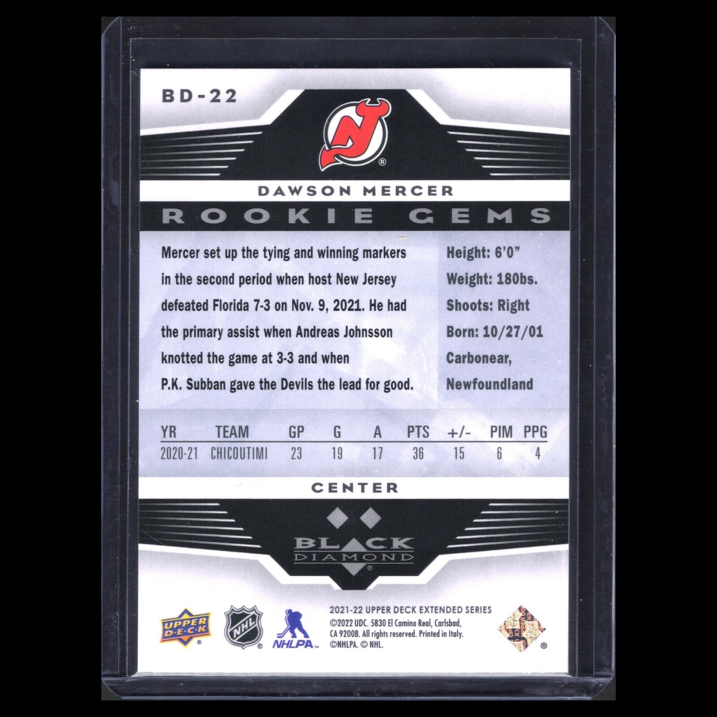 2021-22 UD Extended DAWSON MERCER #BD-22 Black Diamond Rookie Gems - NJ Devils