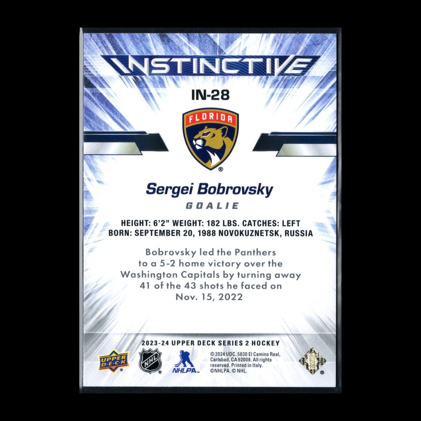 2023-24 UD Series 2 SERGEI BOBROVSKY #IN-28 Instinctive - Florida Panthers