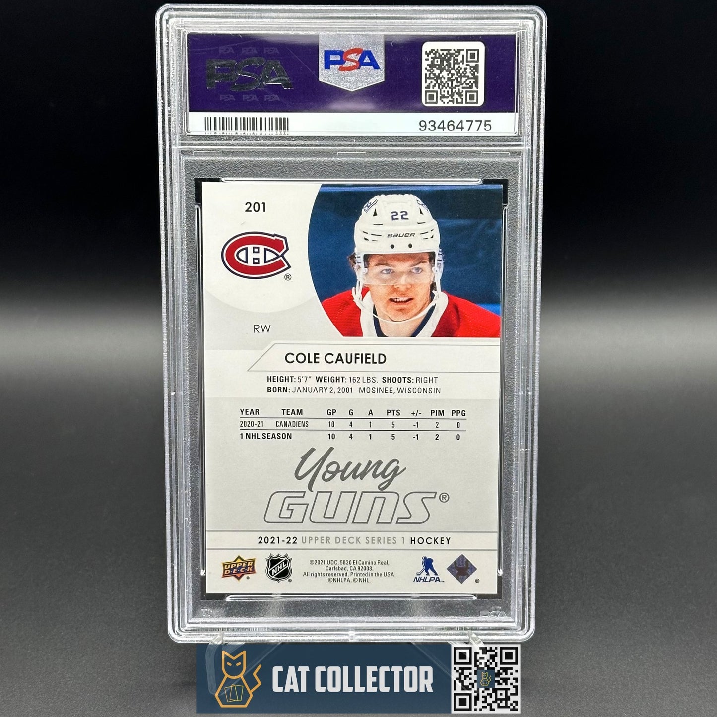 2021-22 UD Series 1 COLE CAUFIELD #201 Young Guns Rookie RC PSA 9